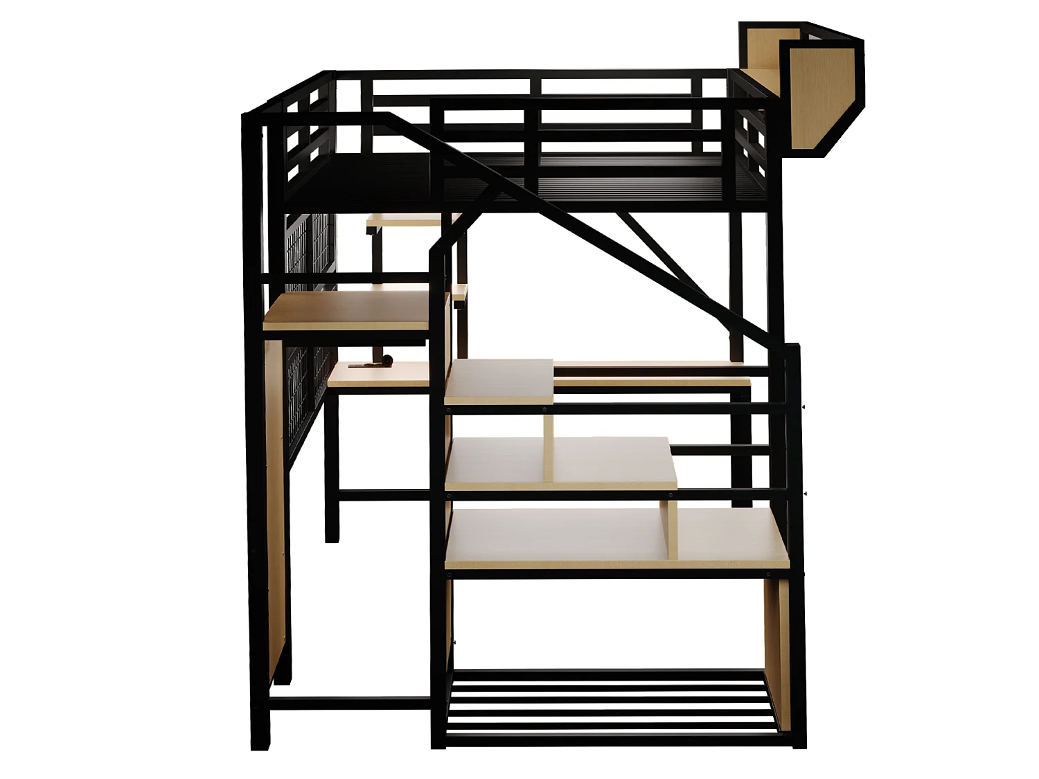 Letto a soppalco in metallo 140x200 cm con scrivania, ripiani, luci LED e prese elettriche – nero – materasso non incluso