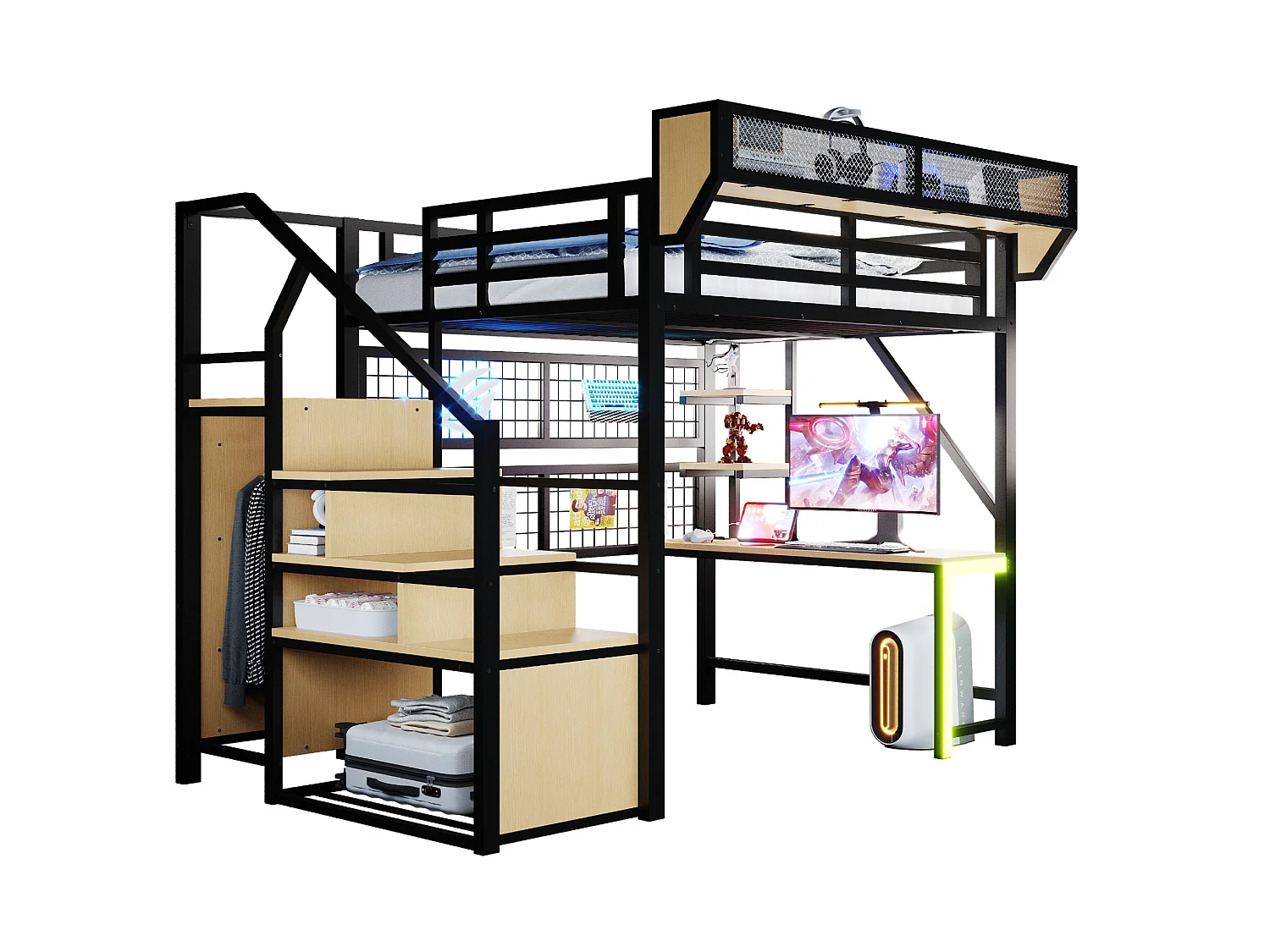 Letto a soppalco in metallo 140x200 cm con scrivania, ripiani, luci LED e prese elettriche – nero – materasso non incluso
