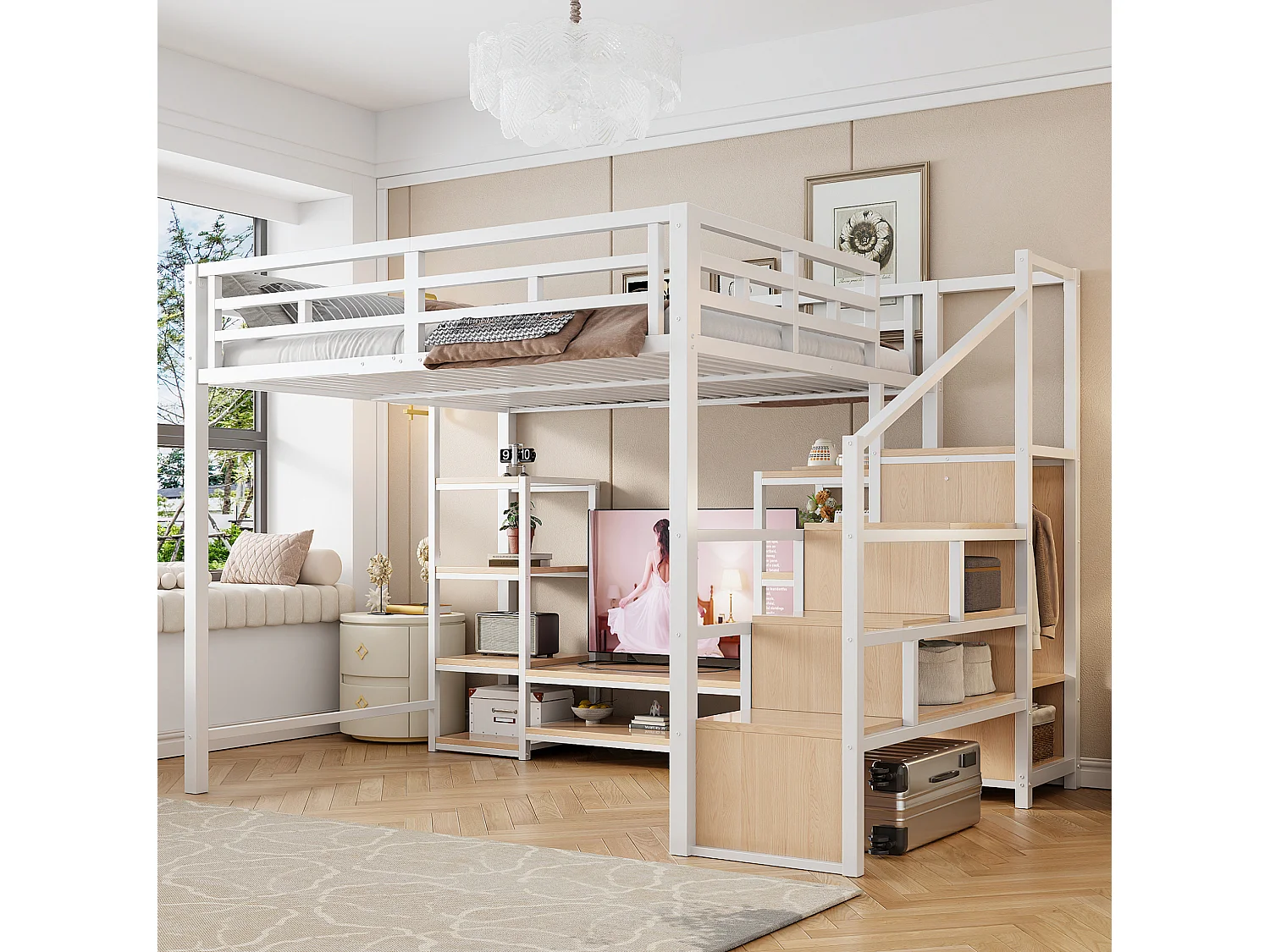 Letto a soppalco 140x200 cm con dotato di supporto per TV e scala con vani contenitori, in metallo, bianco, materasso non incluso