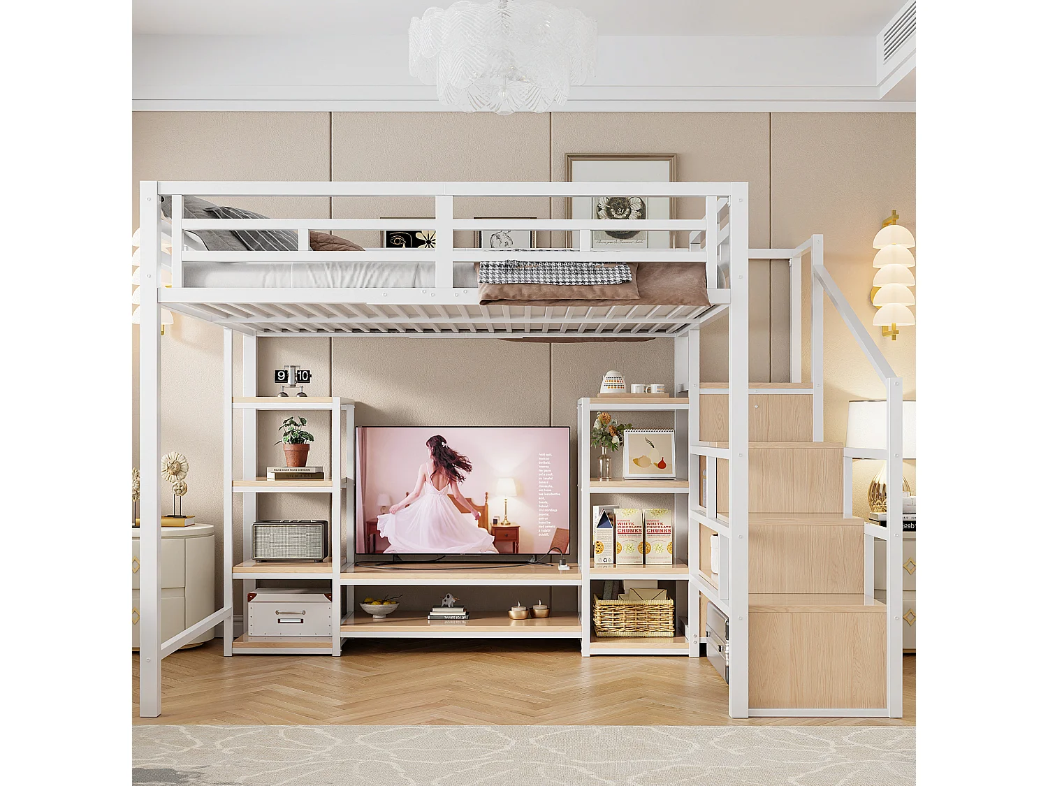 Letto a soppalco 140x200 cm con dotato di supporto per TV e scala con vani contenitori, in metallo, bianco, materasso non incluso