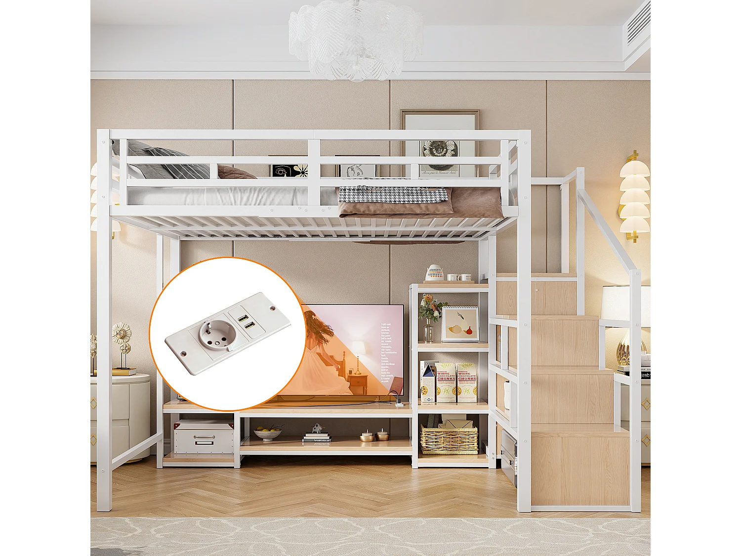 Letto a soppalco 140x200 cm con dotato di supporto per TV e scala con vani contenitori, in metallo, bianco, materasso non incluso