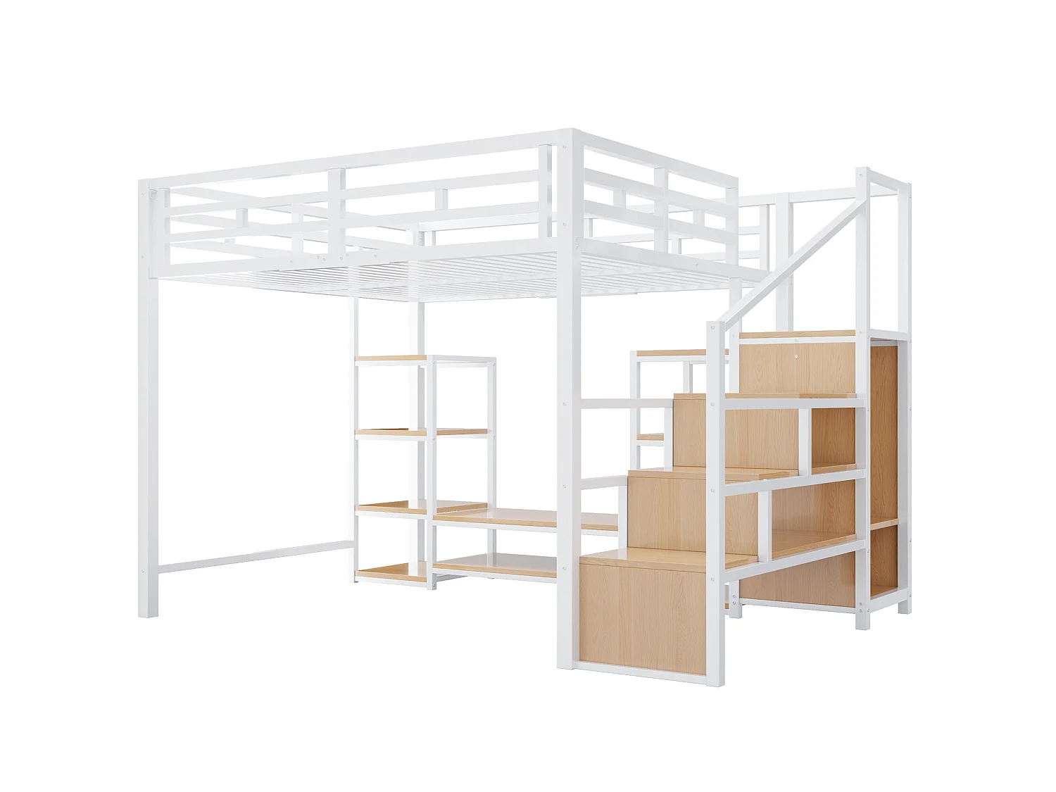 Letto a soppalco 140x200 cm con dotato di supporto per TV e scala con vani contenitori, in metallo, bianco, materasso non incluso