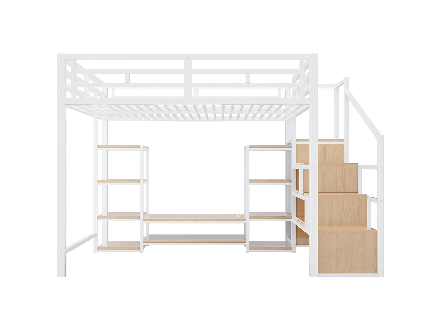 Letto a soppalco 140x200 cm con dotato di supporto per TV e scala con vani contenitori, in metallo, bianco, materasso non incluso