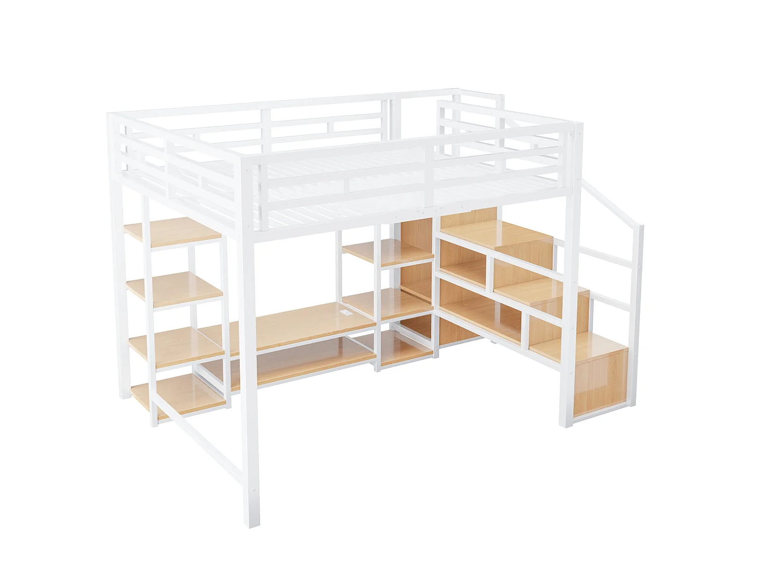 Letto a soppalco 140x200 cm con dotato di supporto per TV e scala con vani contenitori, in metallo, bianco, materasso non incluso