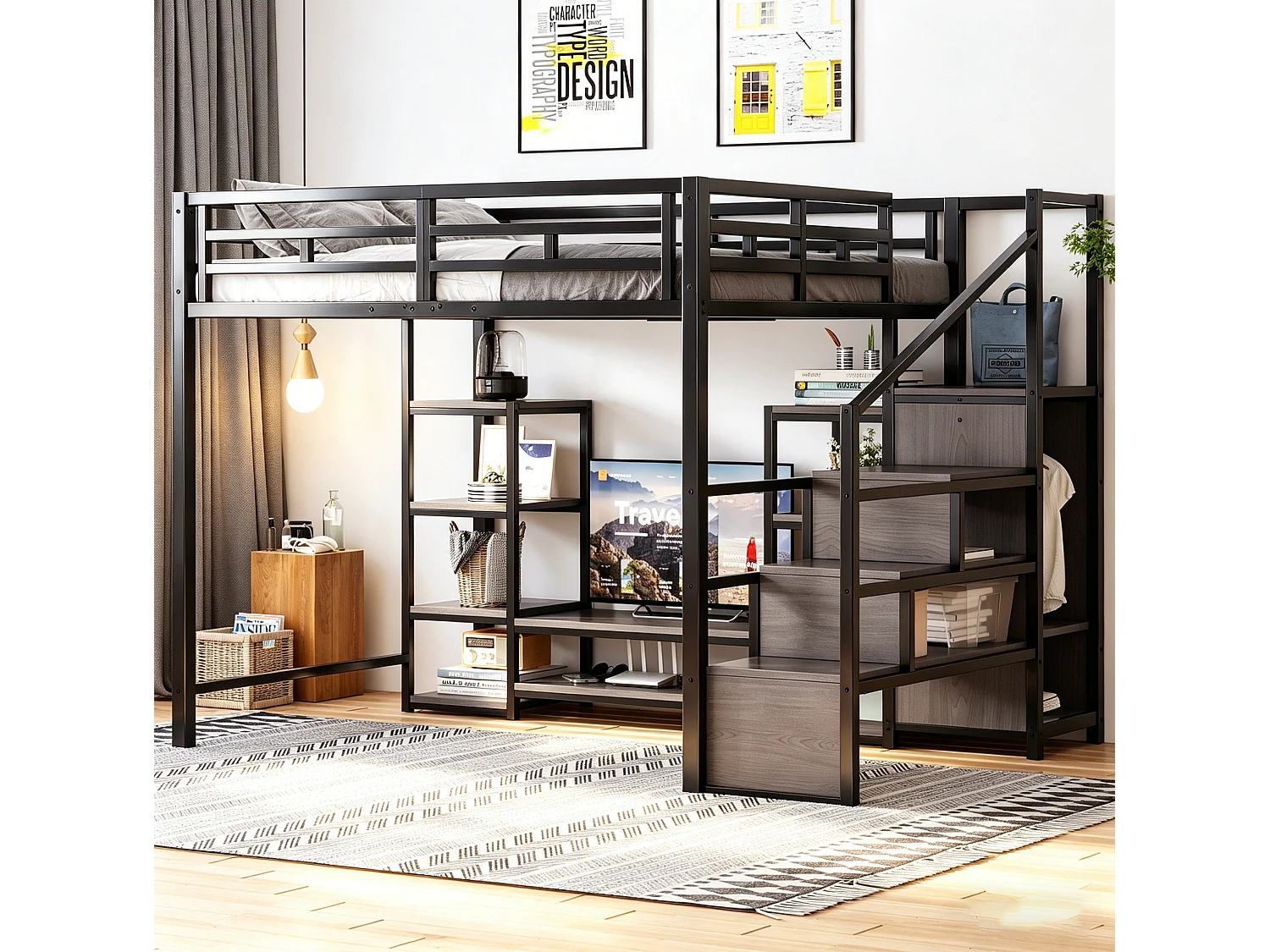 Letto a soppalco 140x200 cm con dotato di supporto per TV e scala con vani contenitori, in metallo nero, materasso non incluso