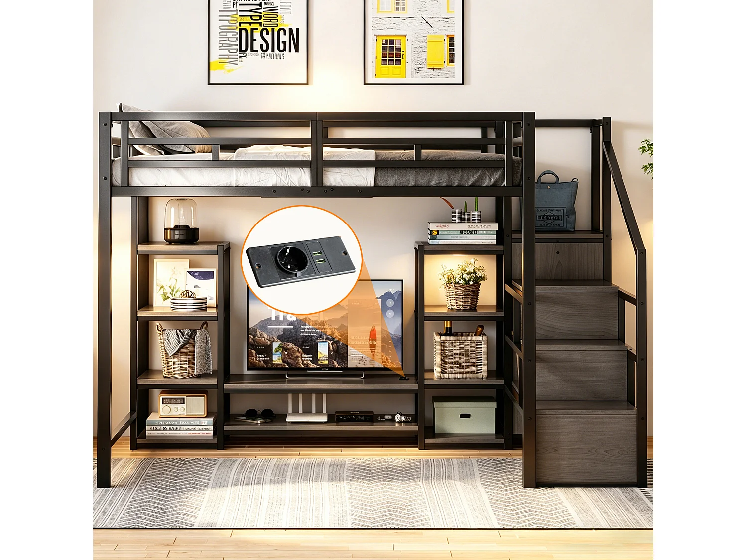Letto a soppalco 140x200 cm con dotato di supporto per TV e scala con vani contenitori, in metallo nero, materasso non incluso