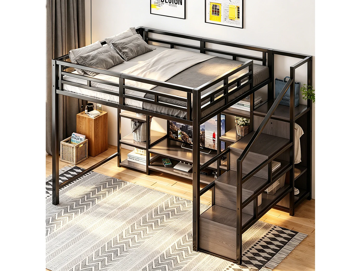 Letto a soppalco 140x200 cm con dotato di supporto per TV e scala con vani contenitori, in metallo nero, materasso non incluso
