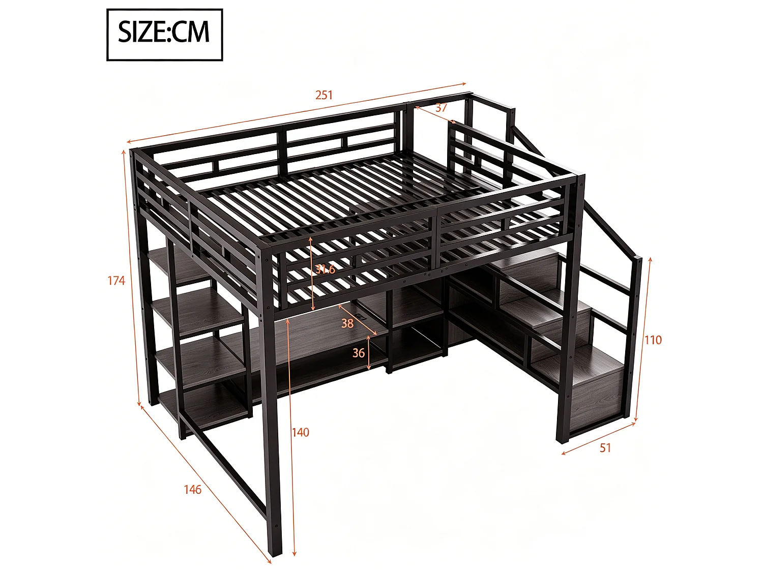 Letto a soppalco 140x200 cm con dotato di supporto per TV e scala con vani contenitori, in metallo nero, materasso non incluso