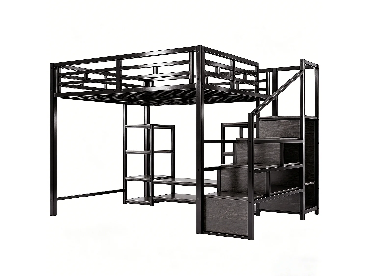 Letto a soppalco 140x200 cm con dotato di supporto per TV e scala con vani contenitori, in metallo nero, materasso non incluso