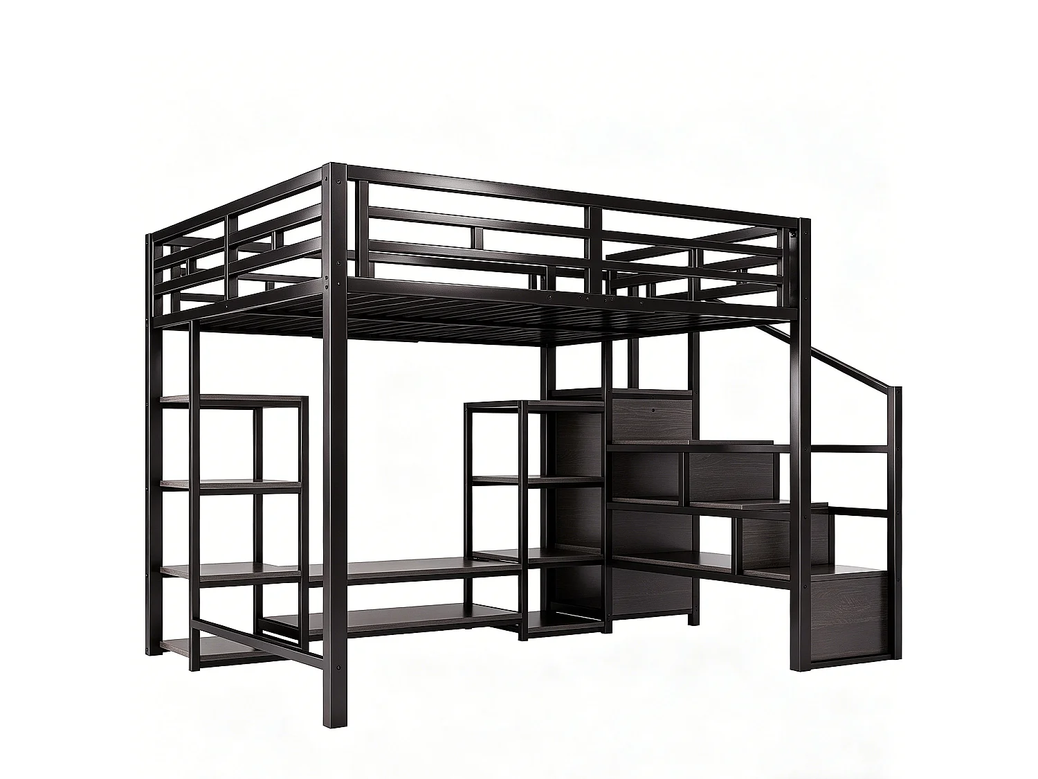 Letto a soppalco 140x200 cm con dotato di supporto per TV e scala con vani contenitori, in metallo nero, materasso non incluso