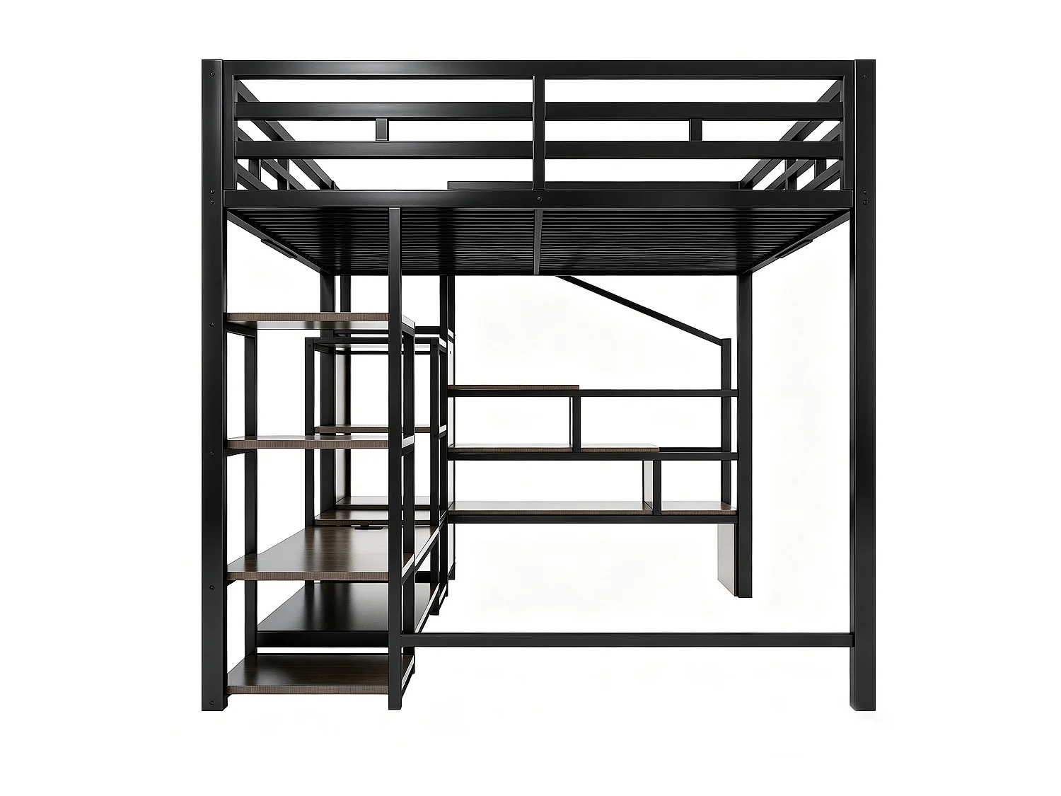 Letto a soppalco 140x200 cm con dotato di supporto per TV e scala con vani contenitori, in metallo nero, materasso non incluso