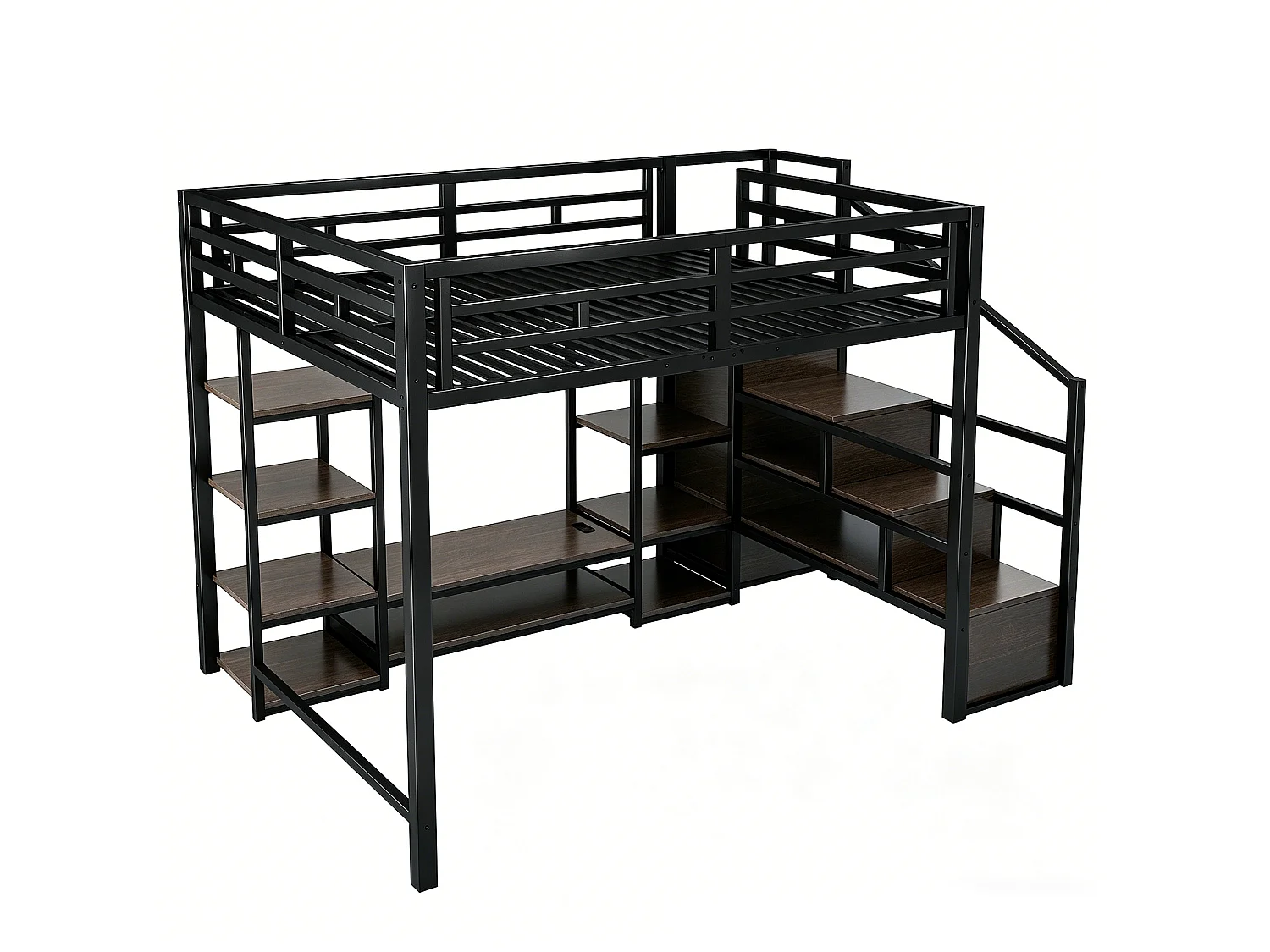Letto a soppalco 140x200 cm con dotato di supporto per TV e scala con vani contenitori, in metallo nero, materasso non incluso
