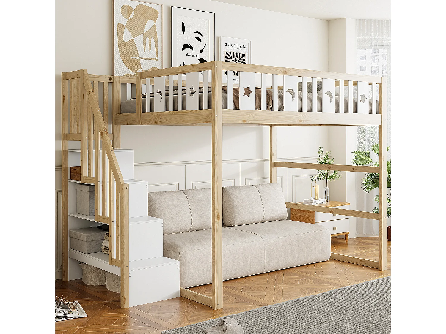 Letto a soppalco in legno 140x200 cm con scala e ripiani, finitura naturale e bianca, materasso non incluso