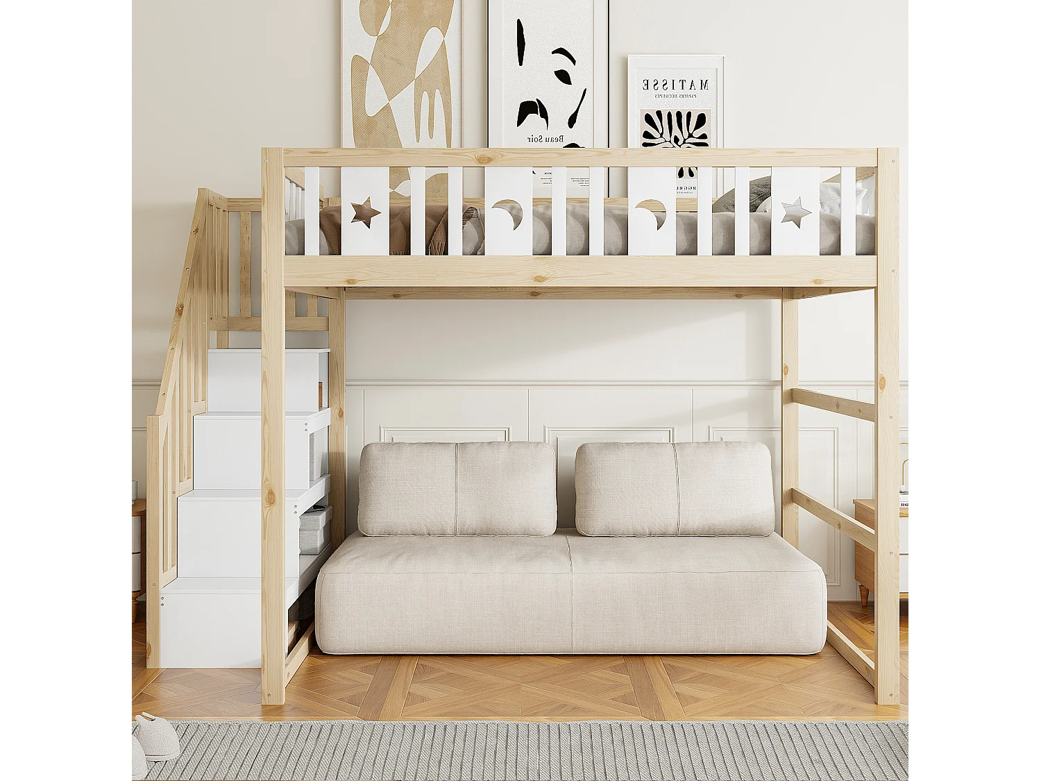 Letto a soppalco in legno 140x200 cm con scala e ripiani, finitura naturale e bianca, materasso non incluso