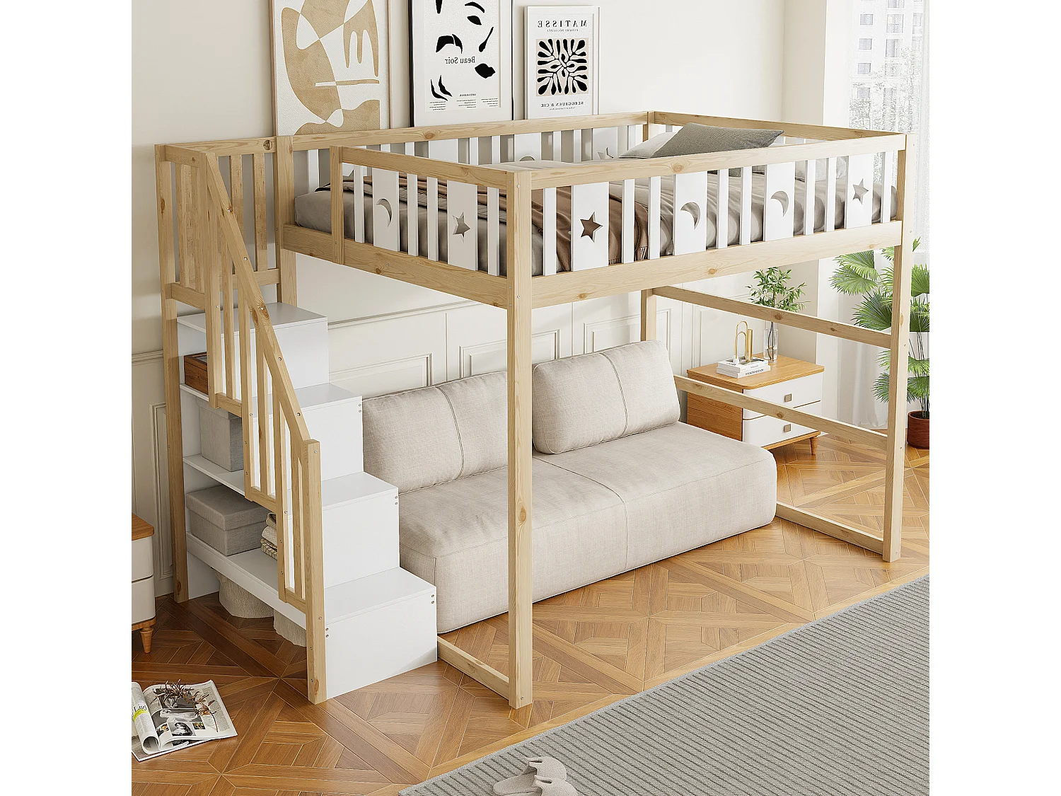 Letto a soppalco in legno 140x200 cm con scala e ripiani, finitura naturale e bianca, materasso non incluso