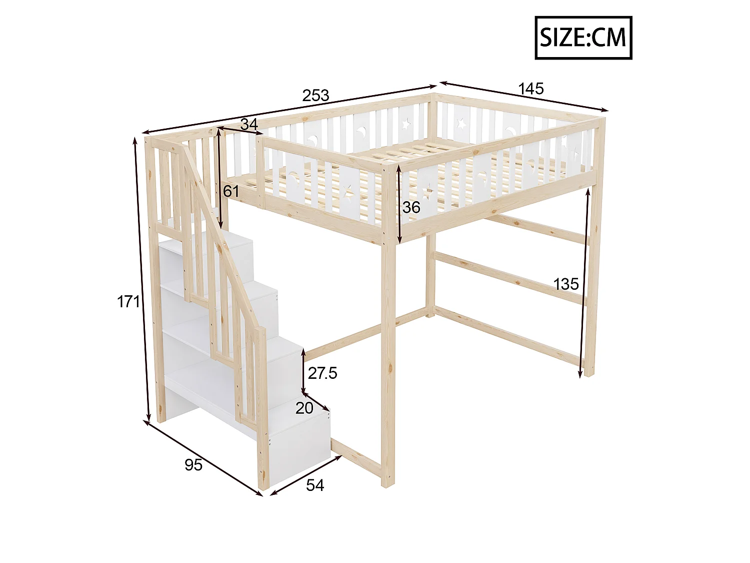 Letto a soppalco in legno 140x200 cm con scala e ripiani, finitura naturale e bianca, materasso non incluso