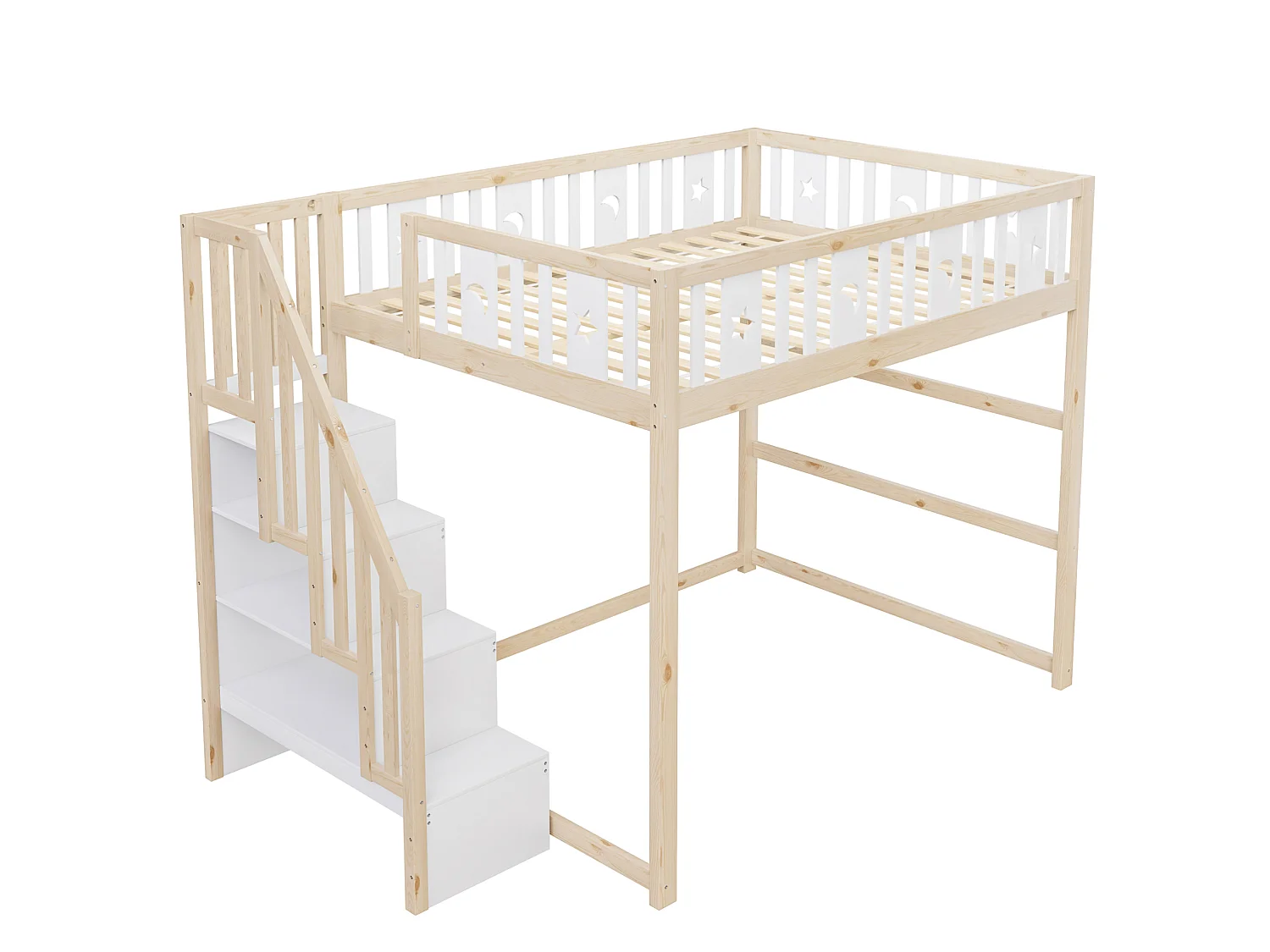 Letto a soppalco in legno 140x200 cm con scala e ripiani, finitura naturale e bianca, materasso non incluso
