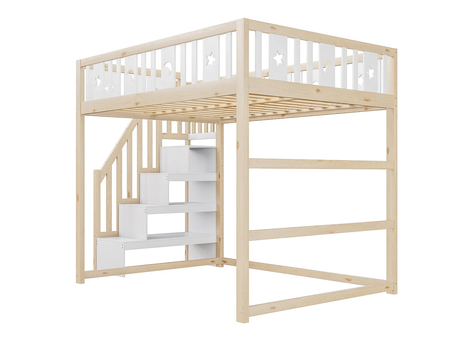 Letto a soppalco in legno 140x200 cm con scala e ripiani, finitura naturale e bianca, materasso non incluso