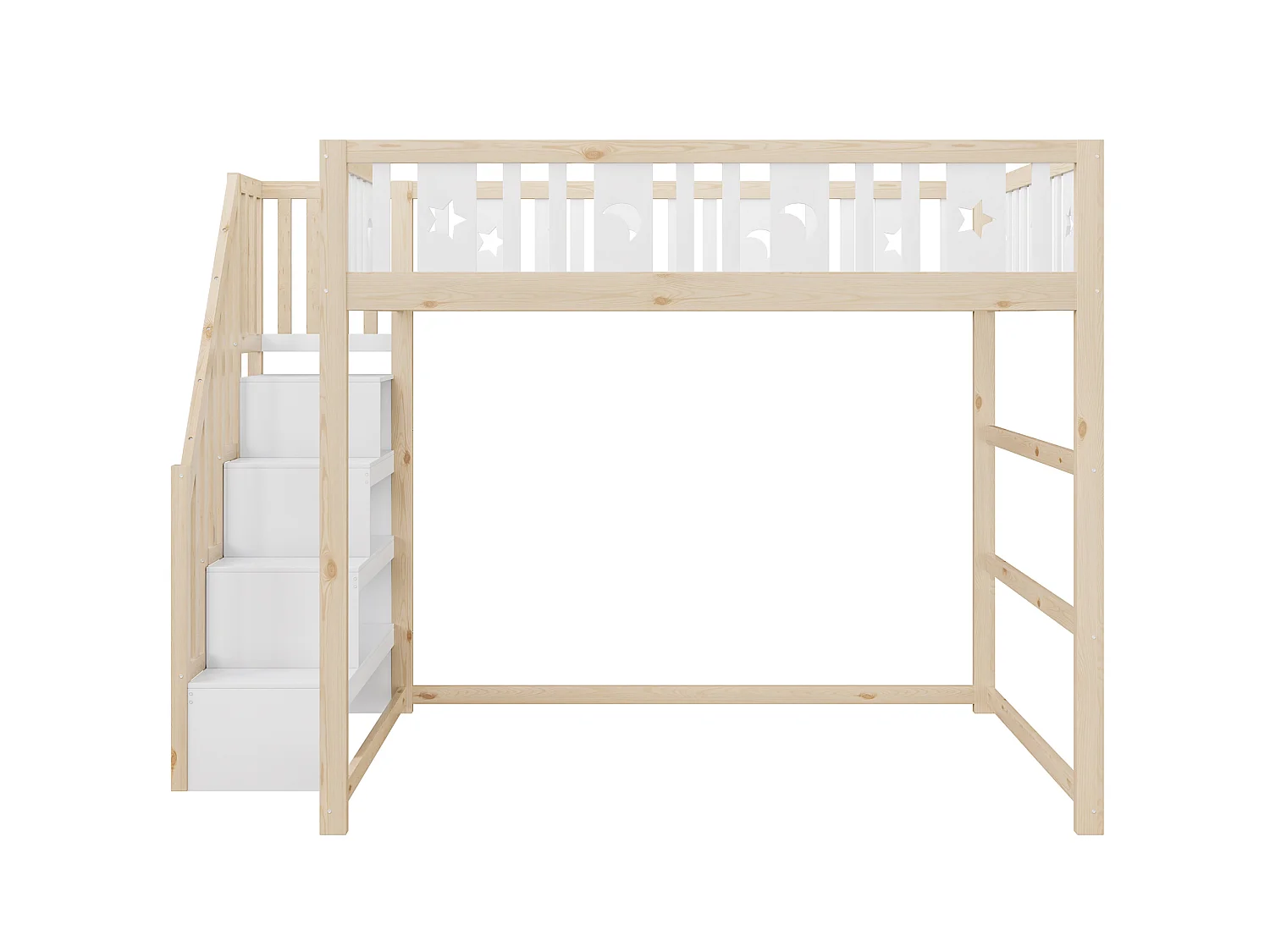 Letto a soppalco in legno 140x200 cm con scala e ripiani, finitura naturale e bianca, materasso non incluso