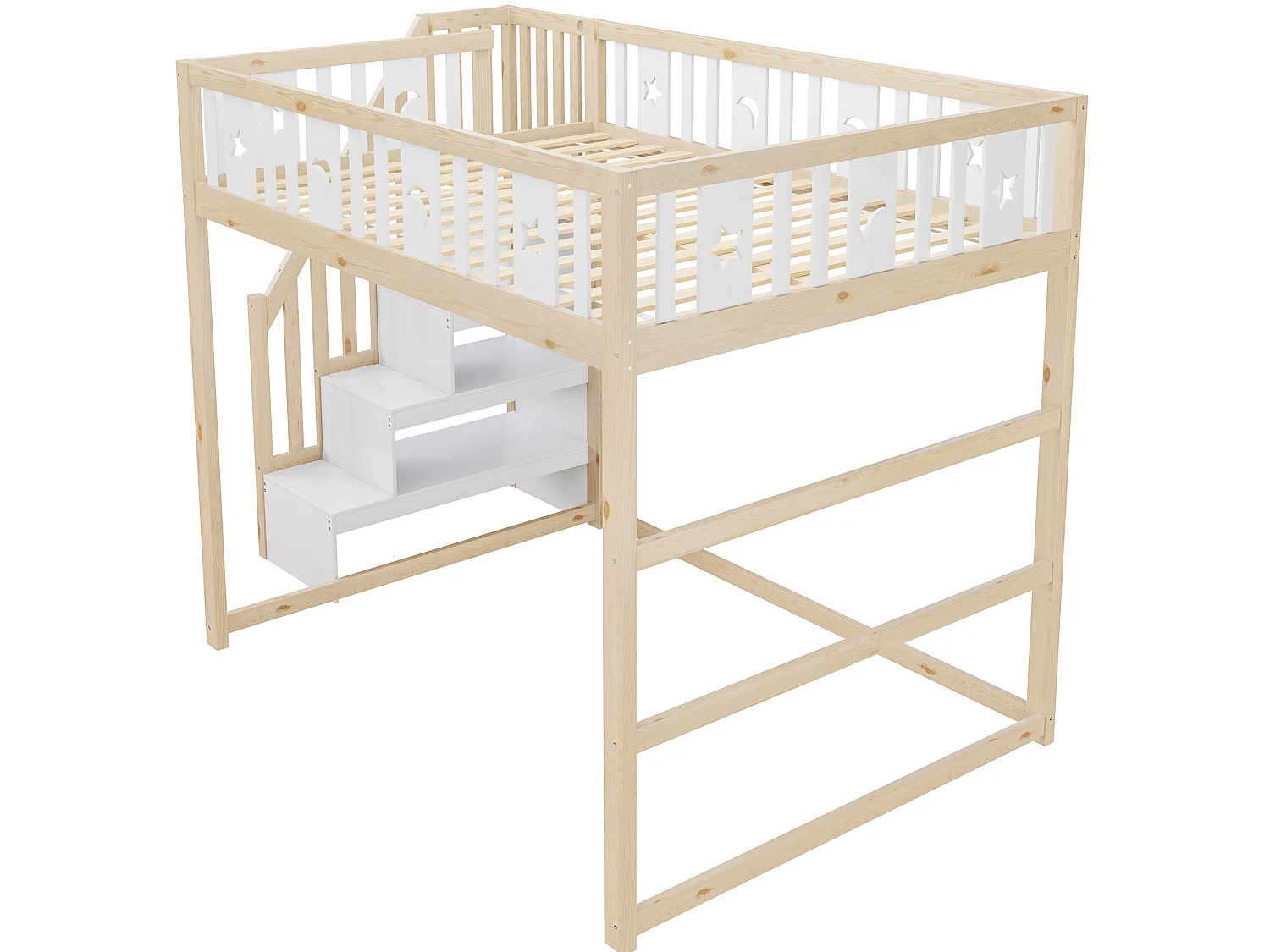 Letto a soppalco in legno 140x200 cm con scala e ripiani, finitura naturale e bianca, materasso non incluso