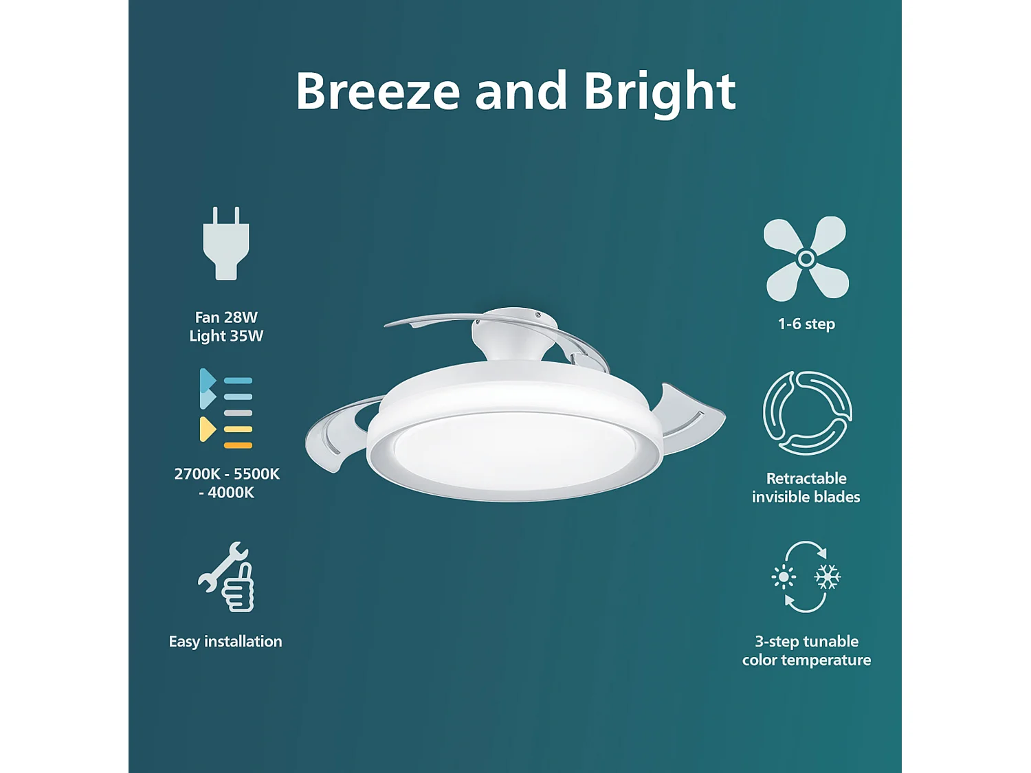 Ventilateur de plafond silencieux Bliss 51cm Moteur DC avec lumière LED