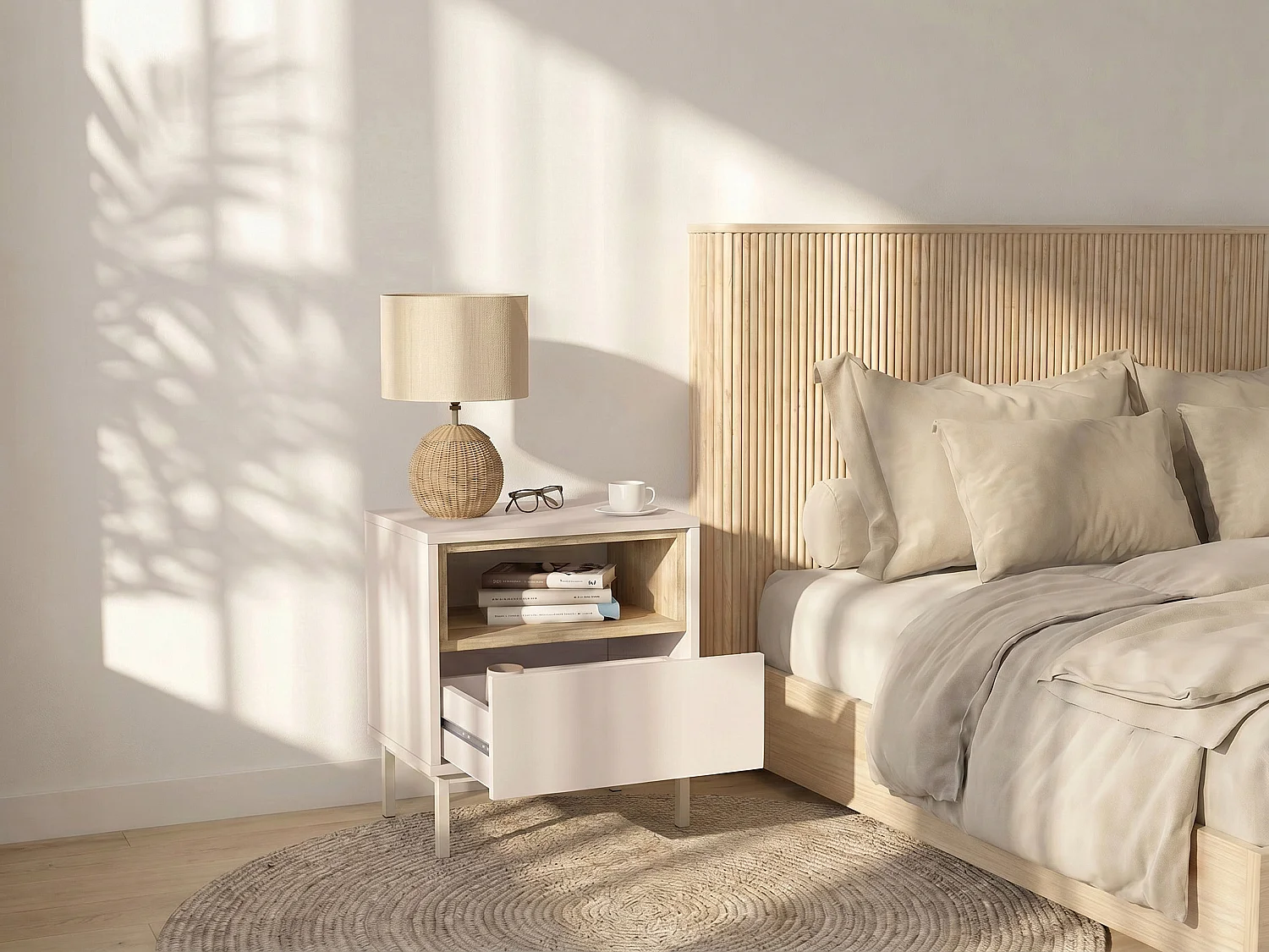 Table de chevet avec 1 tiroir et 1 niche - Beige et naturel clair - FAZYRA