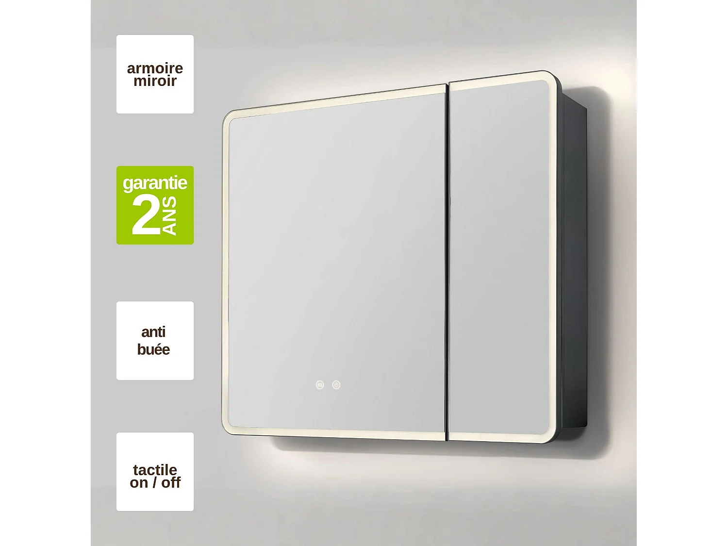Armoire de toilette miroir LED Variable L78x70 cm avec commande ON/OFF et anti-buée en façade - AURA