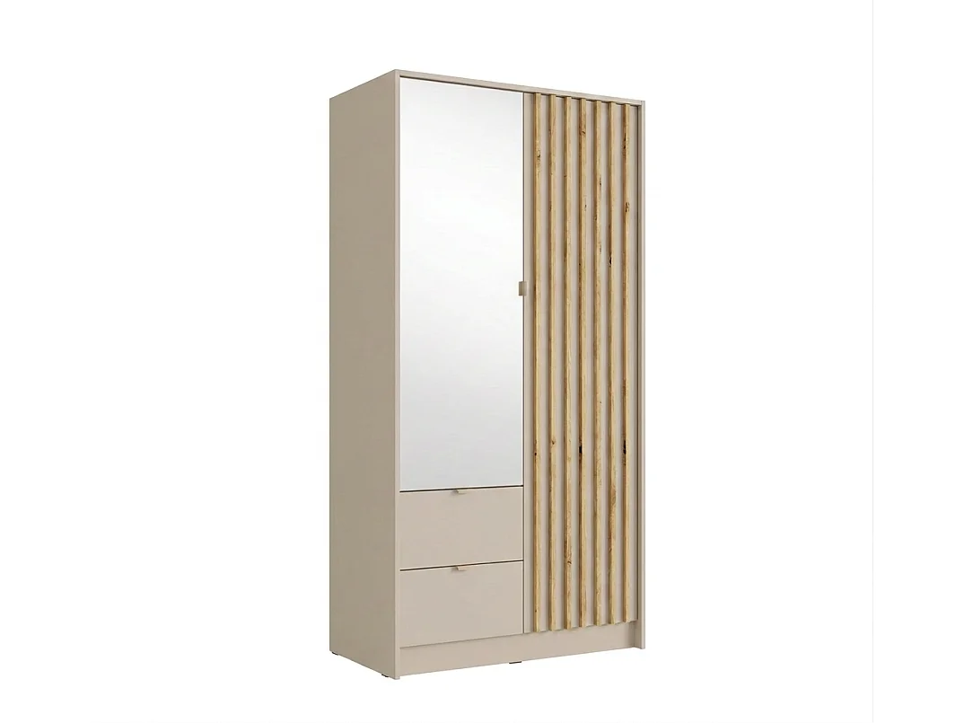 Armoire 2 portes et 2 tiroirs – Avec miroir – L102 cm – Coloris : Naturel et beige – NEROVAL