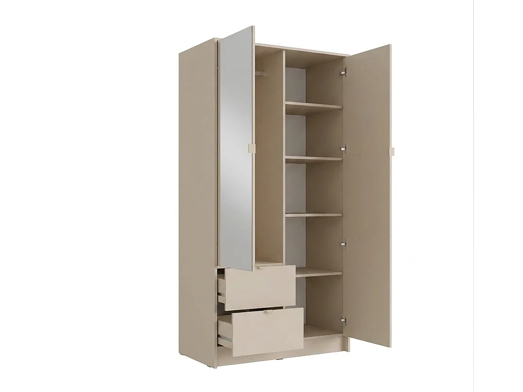 Armoire 2 portes et 2 tiroirs – Avec miroir – L102 cm – Coloris : Naturel et beige – NEROVAL