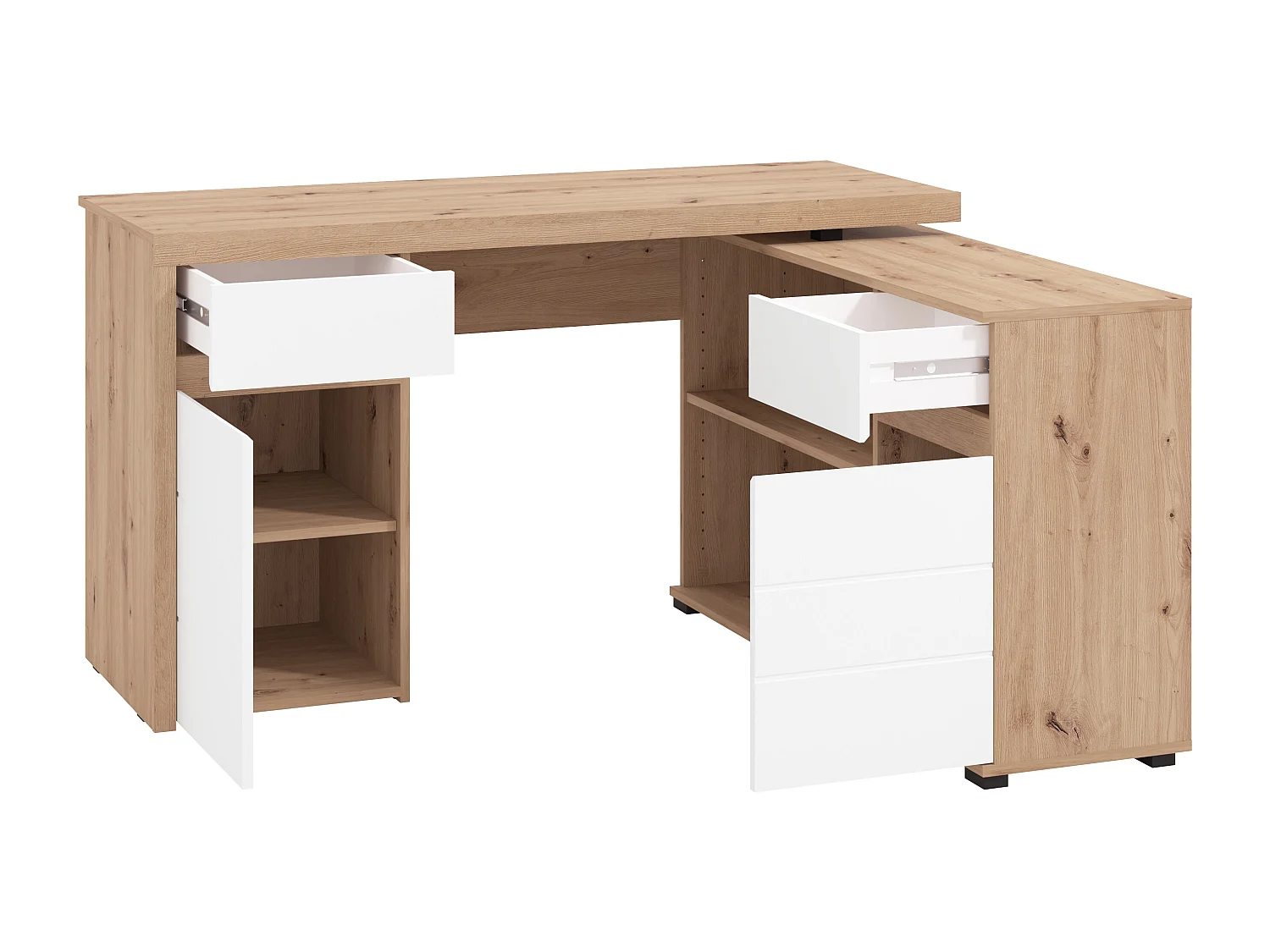 Bureau d'angle avec rangements - Coloris : Naturel et blanc - OLNEA