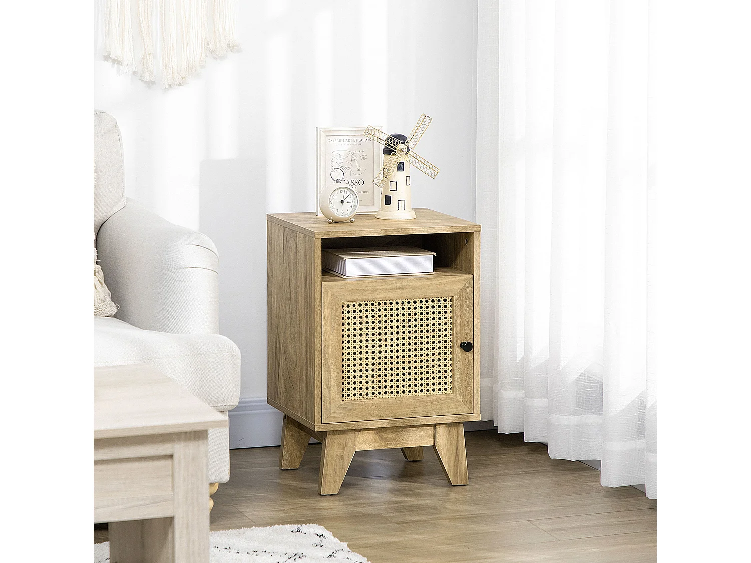 Vini Raba Narrow Bedside Table 39x35x60cm Natural Wood Effect with Rattan Door