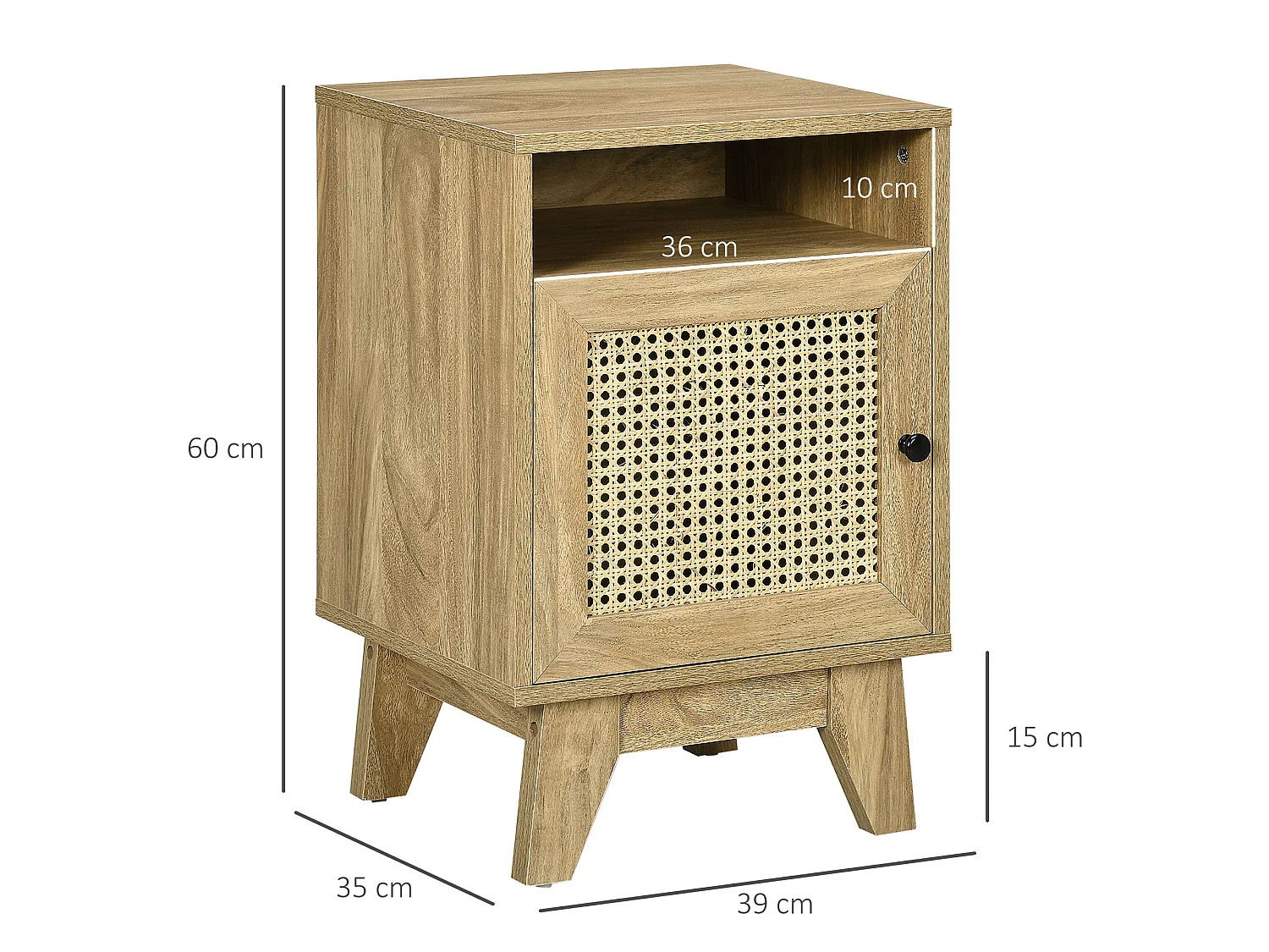 Vini Raba Narrow Bedside Table 39x35x60cm Natural Wood Effect with Rattan Door