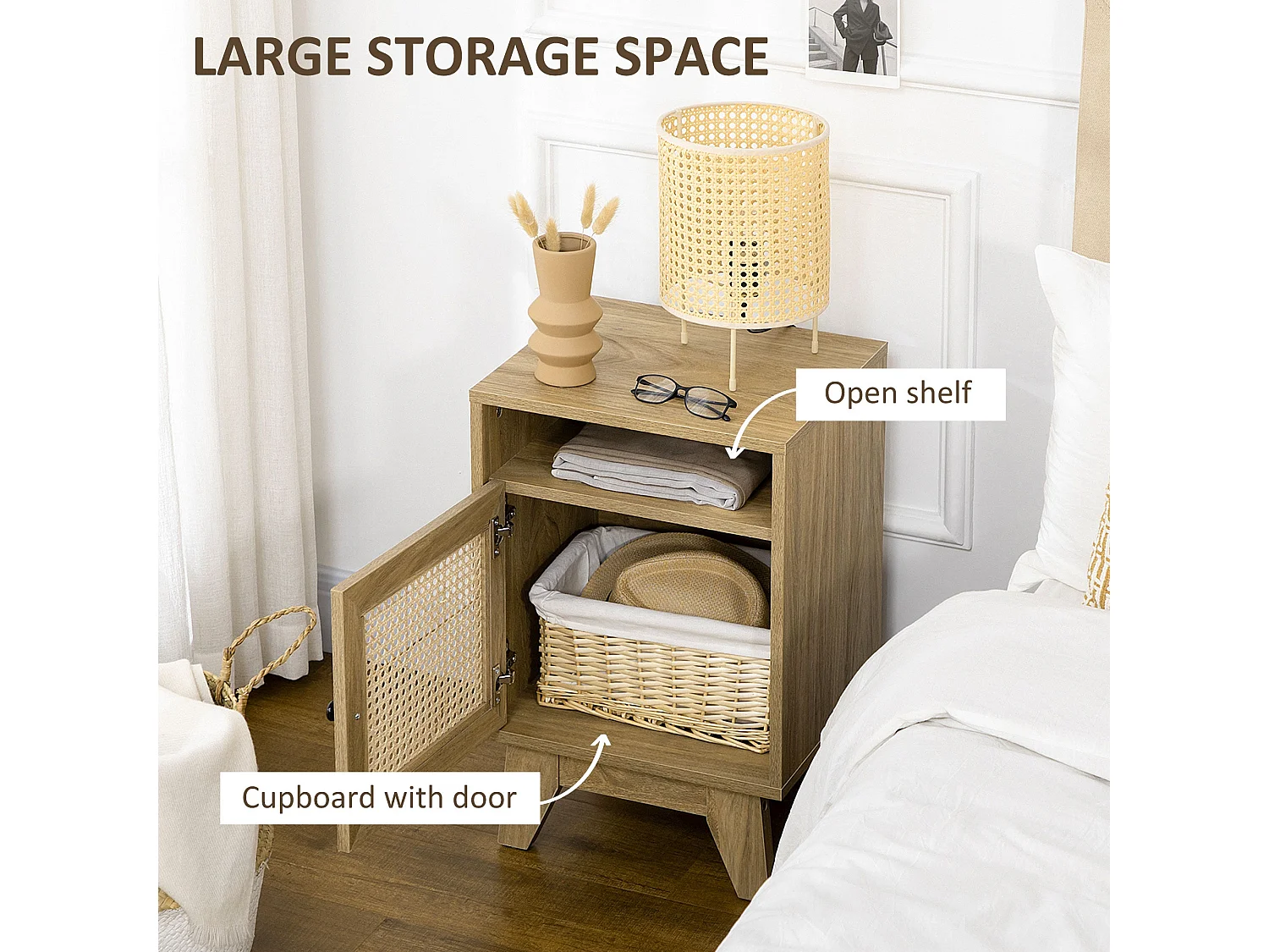 Vini Raba Narrow Bedside Table 39x35x60cm Natural Wood Effect with Rattan Door