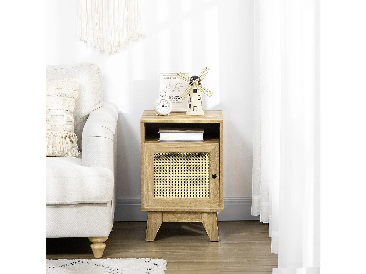 Vini Raba Narrow Bedside Table 39x35x60cm Natural Wood Effect with Rattan Door
