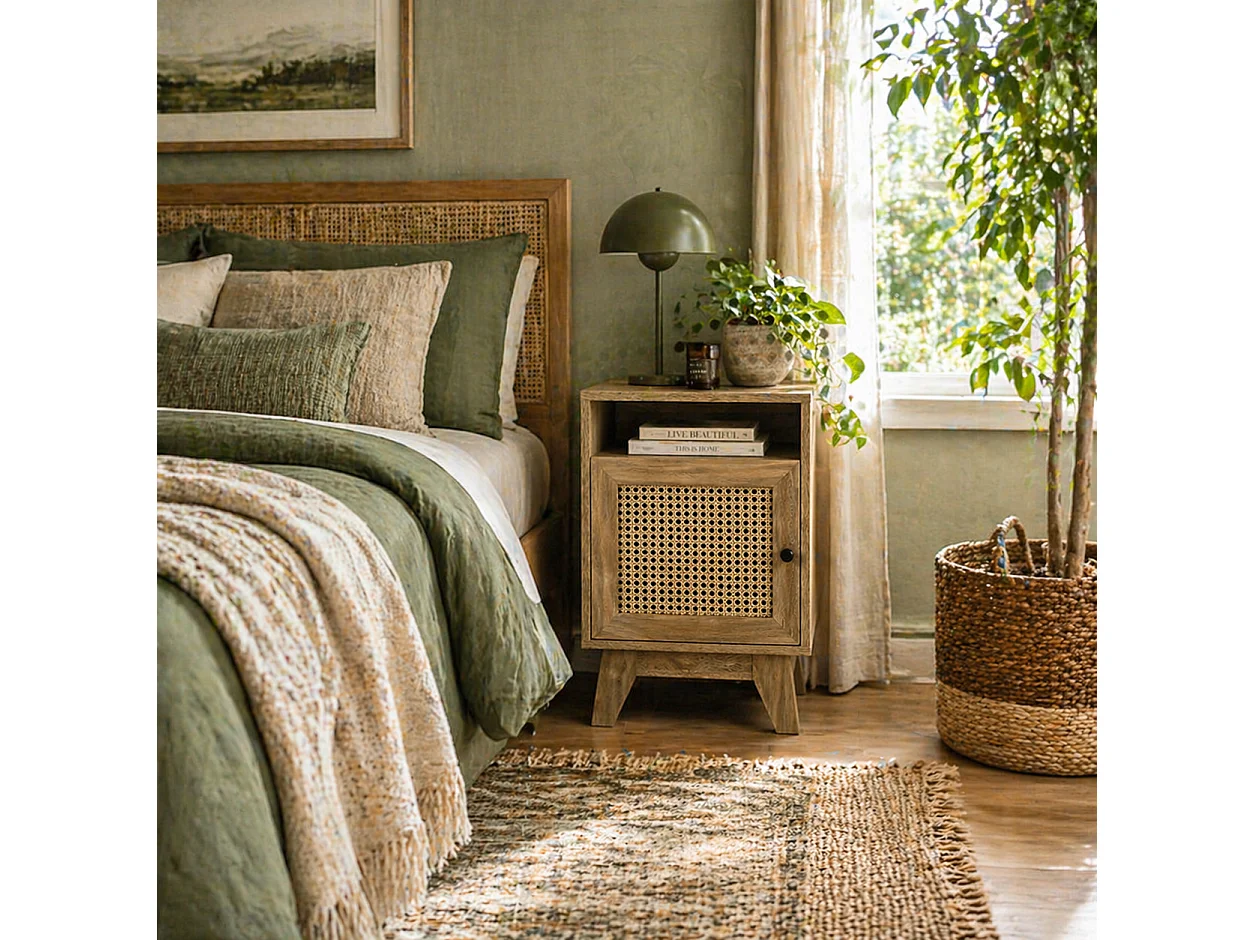 Vini Raba Narrow Bedside Table 39x35x60cm Natural Wood Effect with Rattan Door