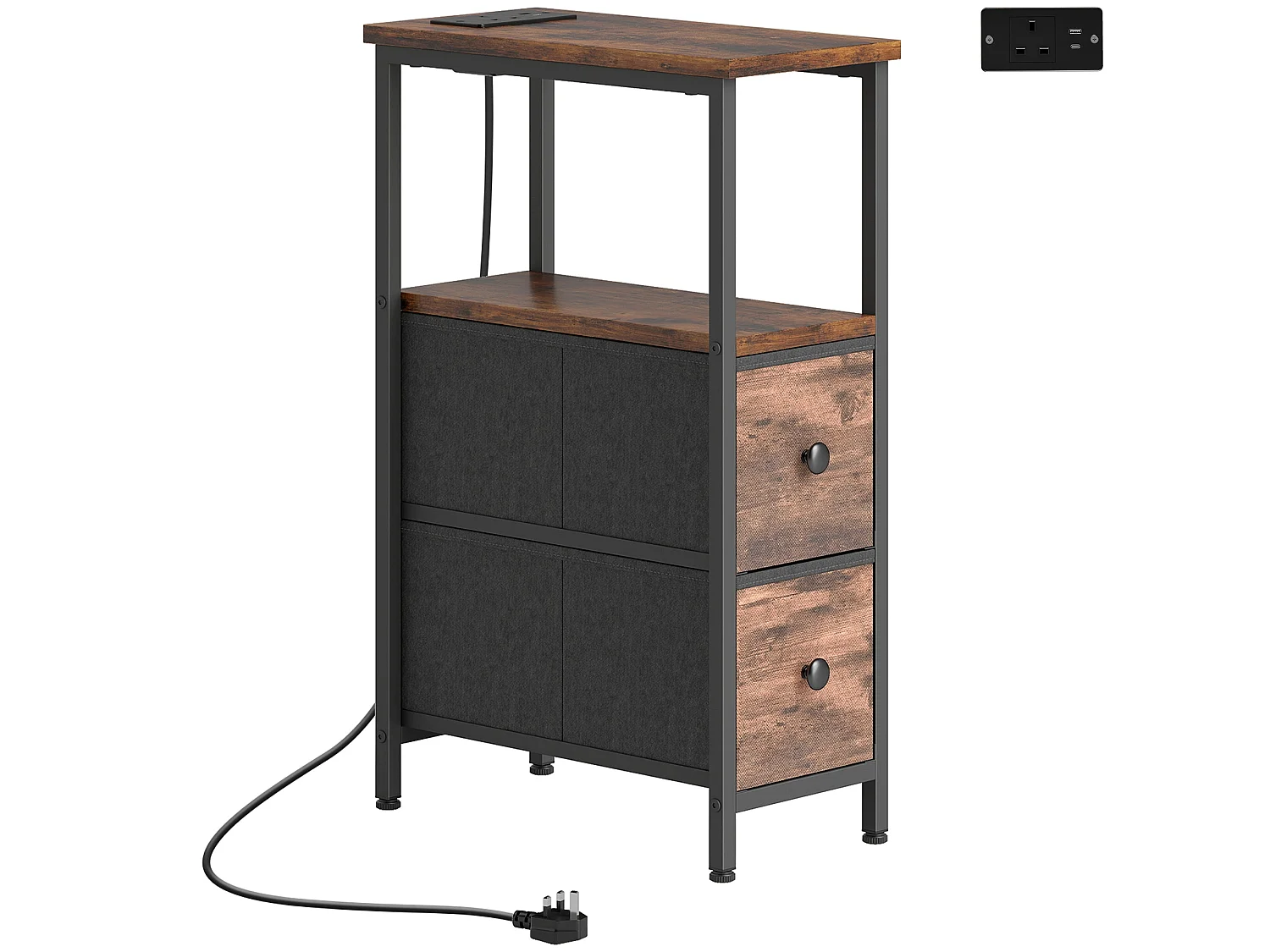 Suro Narrow Bedside Table with 2 Drawers and Built In Charging Station