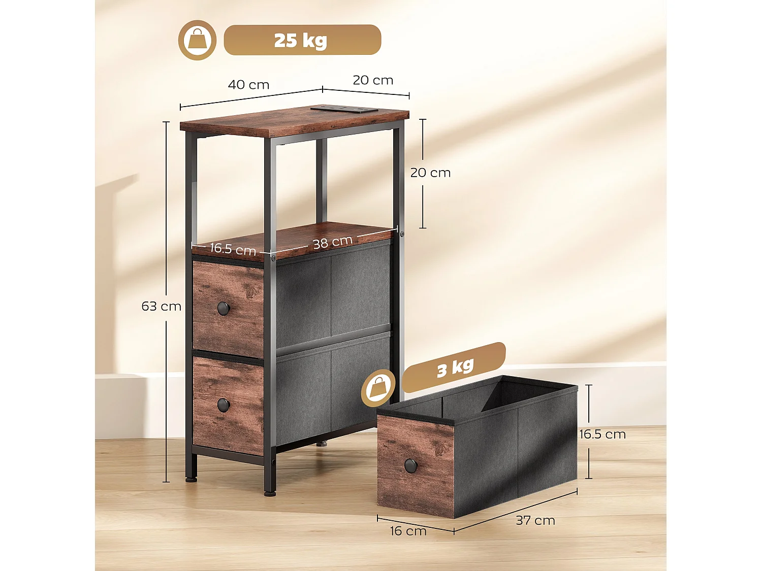Suro Narrow Bedside Table with 2 Drawers and Built In Charging Station