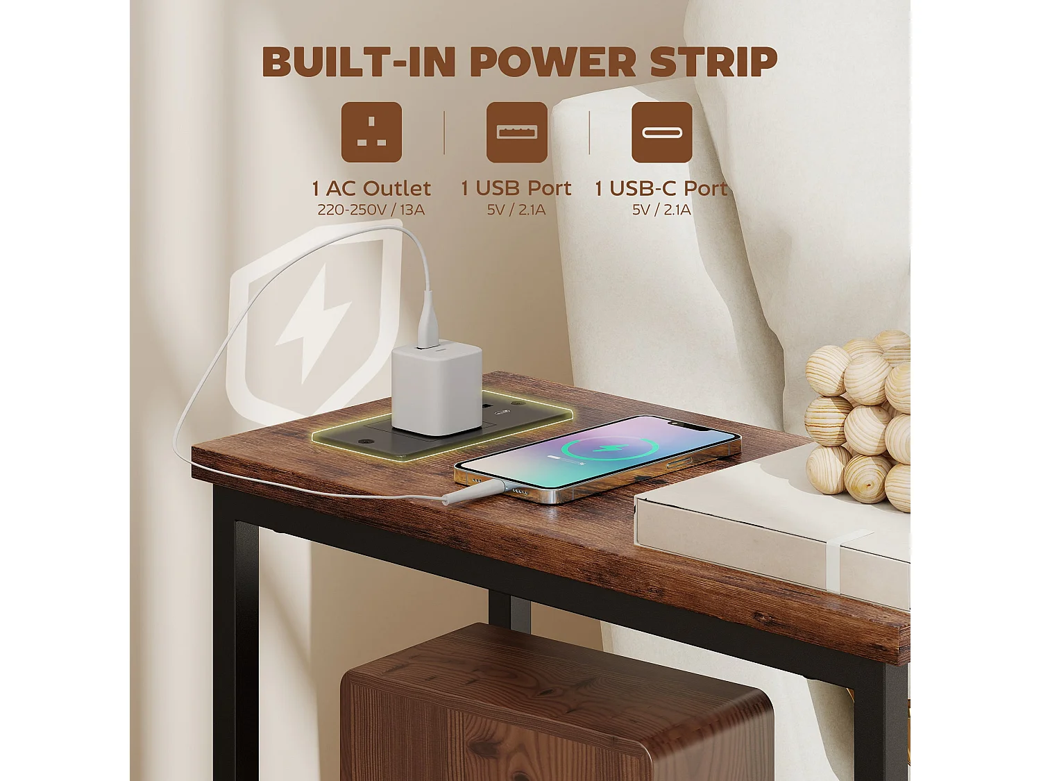 Suro Narrow Bedside Table with 2 Drawers and Built In Charging Station