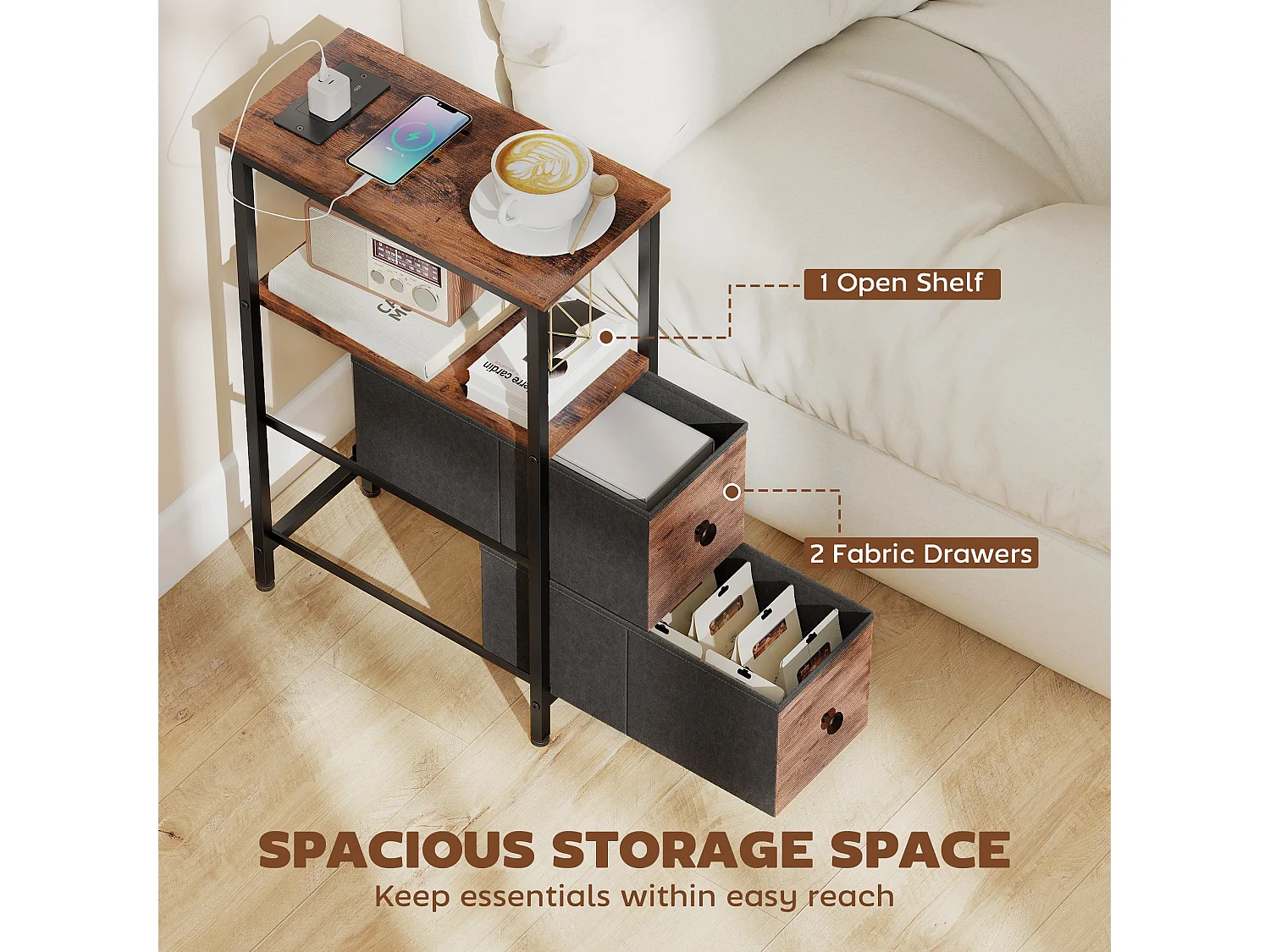 Suro Narrow Bedside Table with 2 Drawers and Built In Charging Station