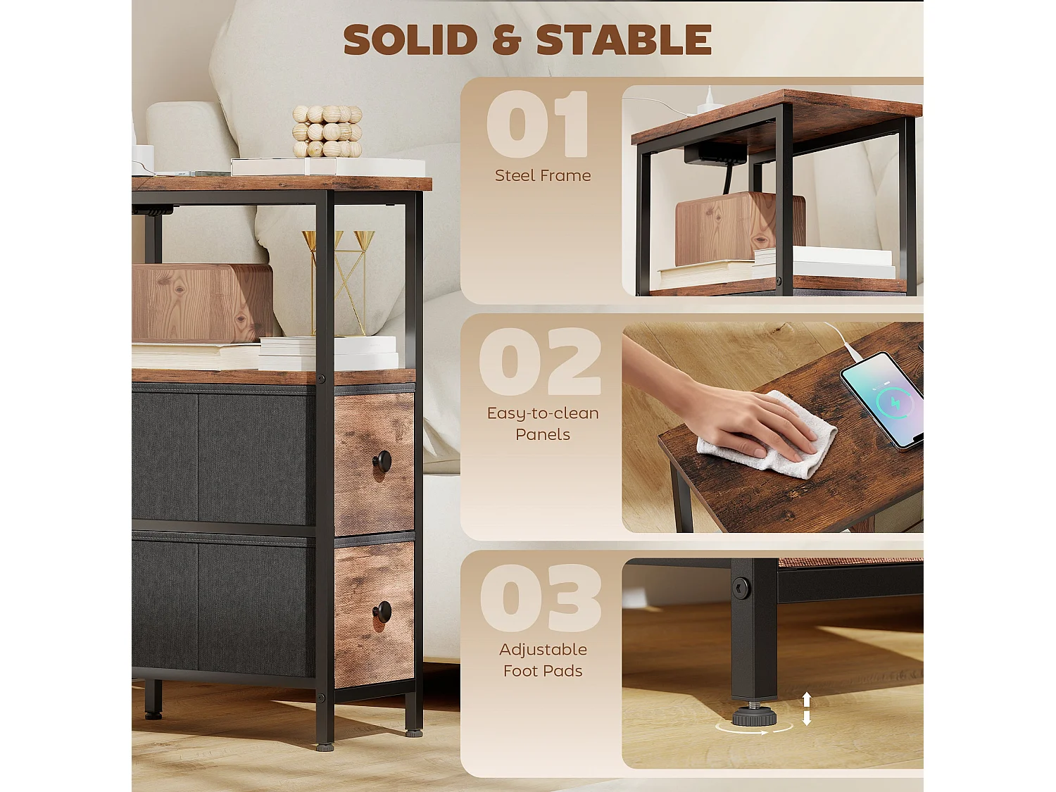 Suro Narrow Bedside Table with 2 Drawers and Built In Charging Station