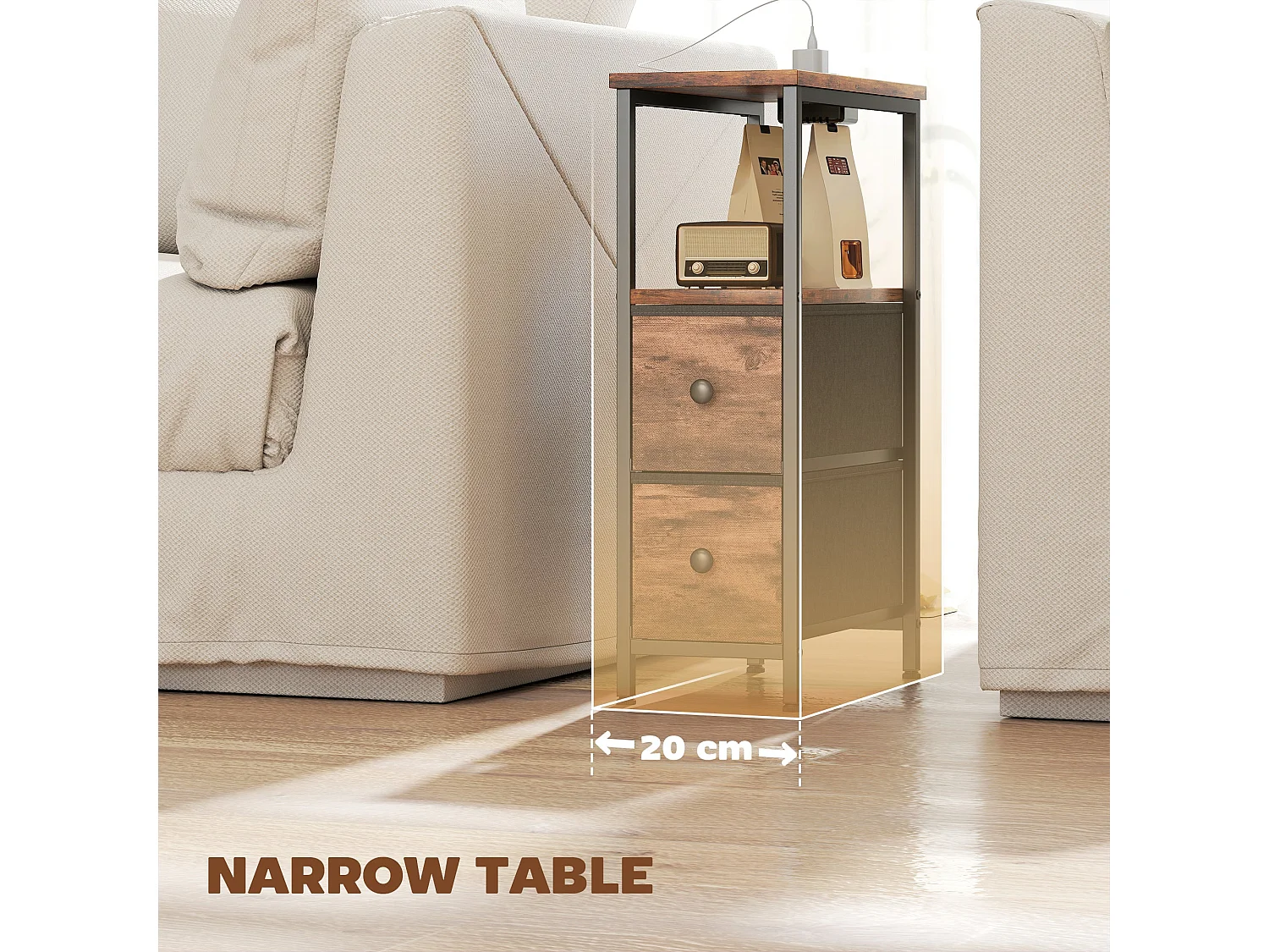 Suro Narrow Bedside Table with 2 Drawers and Built In Charging Station