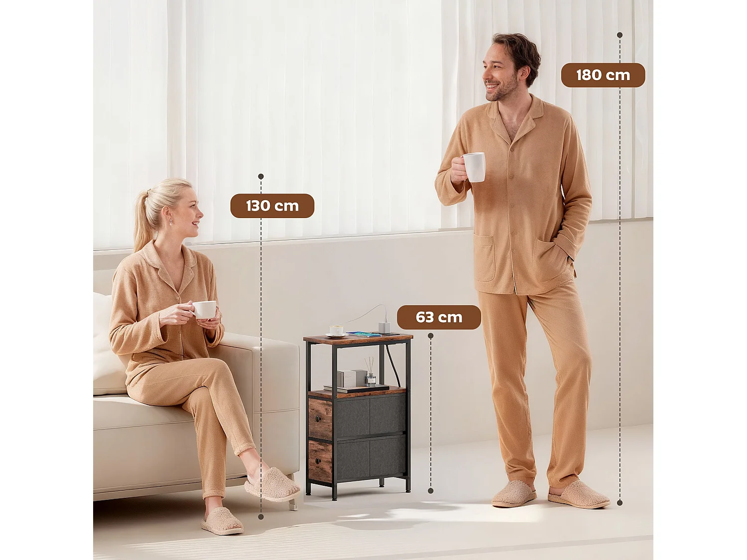 Suro Narrow Bedside Table with 2 Drawers and Built In Charging Station