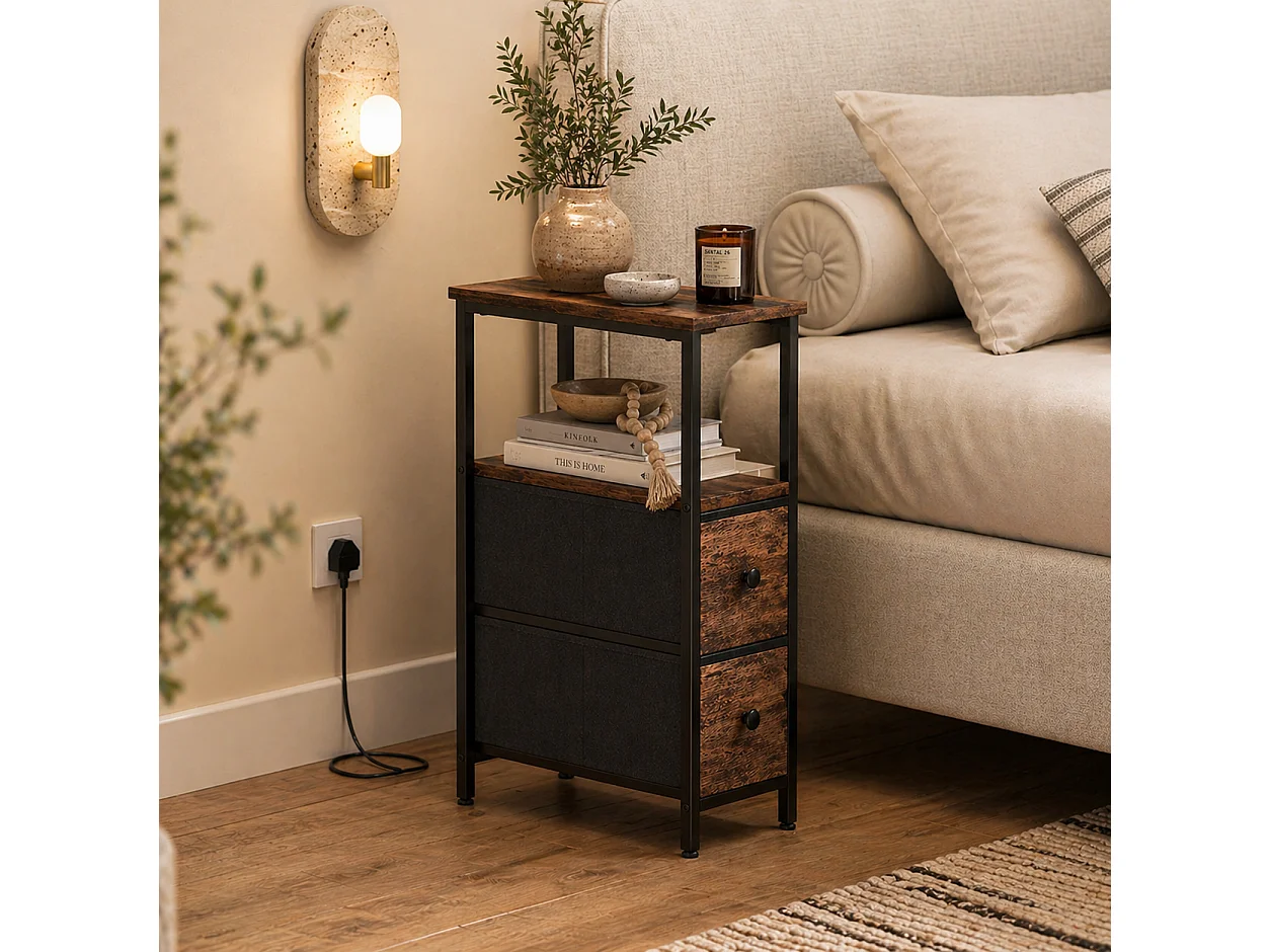 Suro Narrow Bedside Table with 2 Drawers and Built In Charging Station