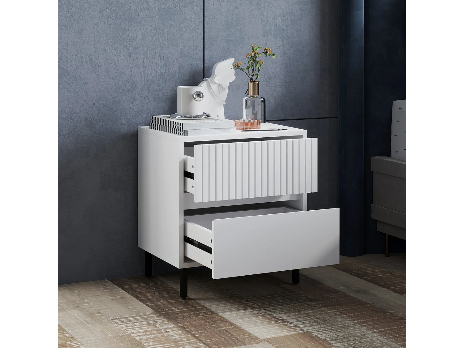 Vadiro Set of 2 White Ribbed Bedside Tables 2 Drawers