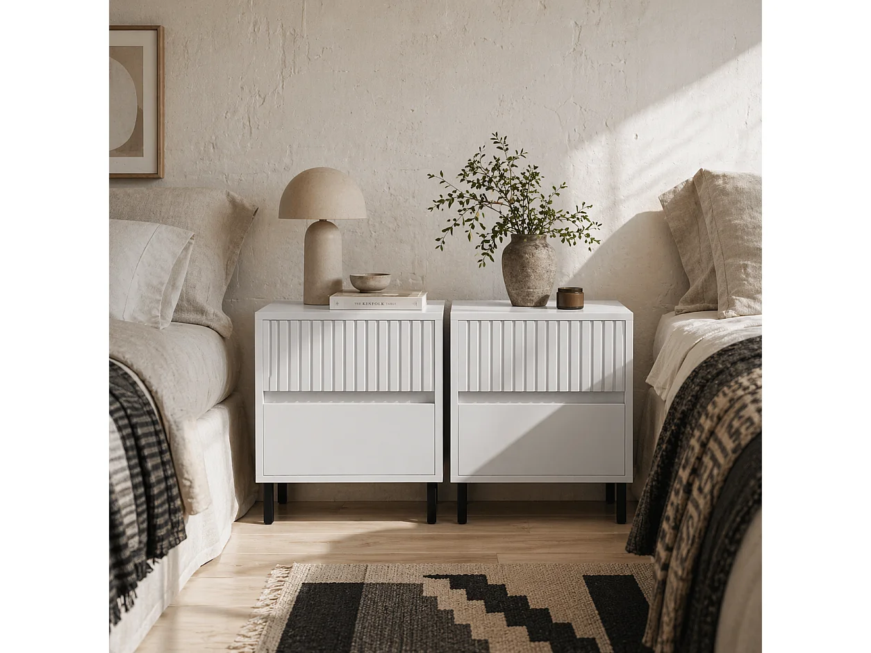 Vadiro Set of 2 White Ribbed Bedside Tables 2 Drawers