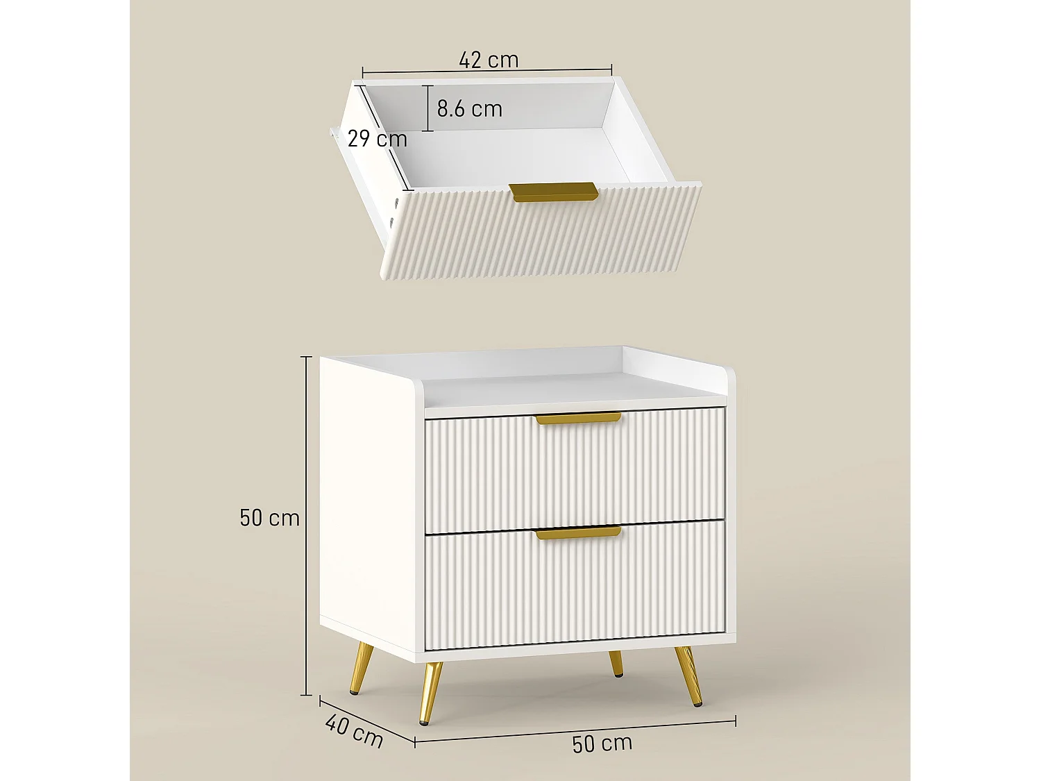 Yoha White and Gold Ribbed 2 Drawer Bedside Table