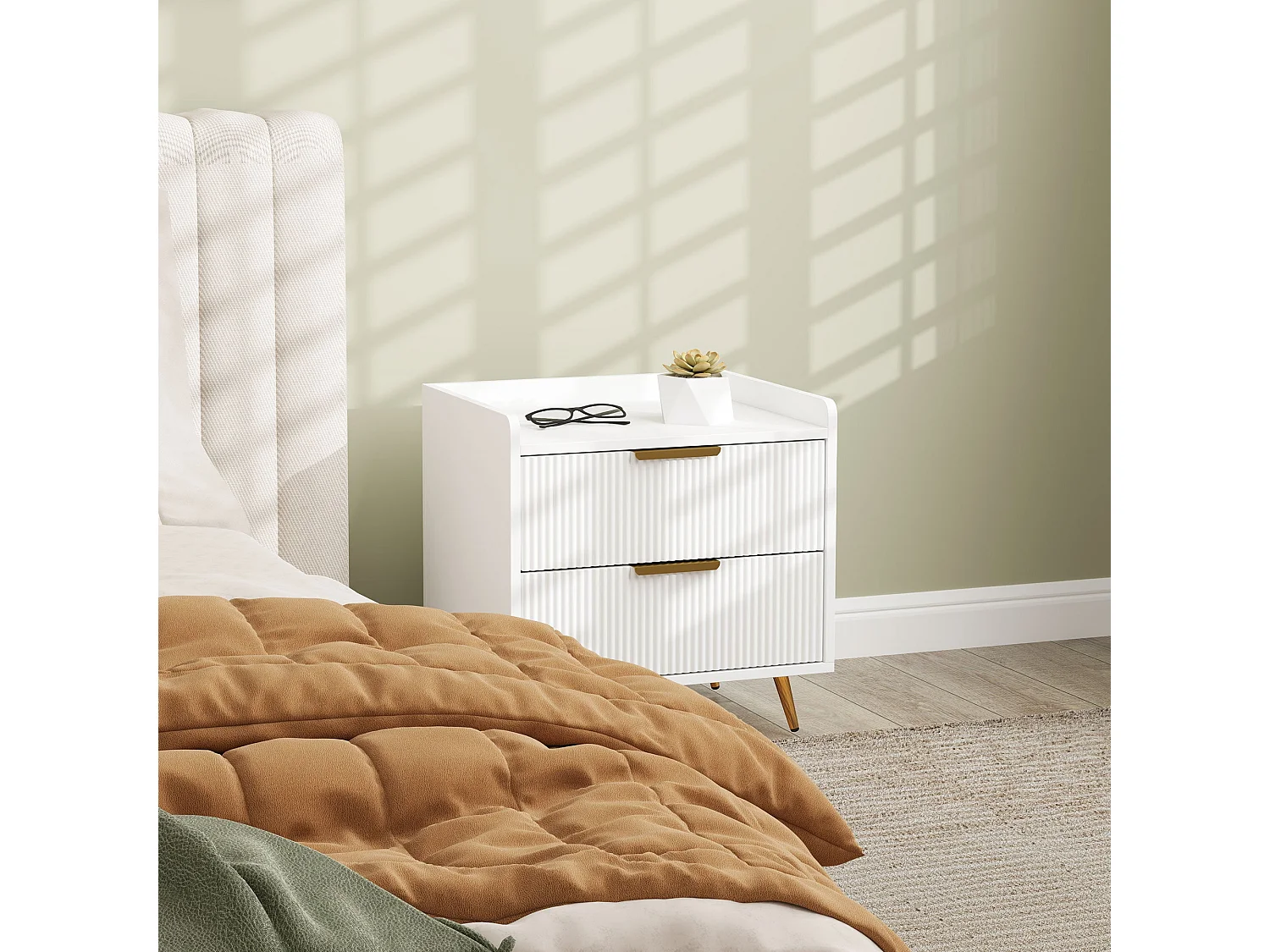 Yoha White and Gold Ribbed 2 Drawer Bedside Table