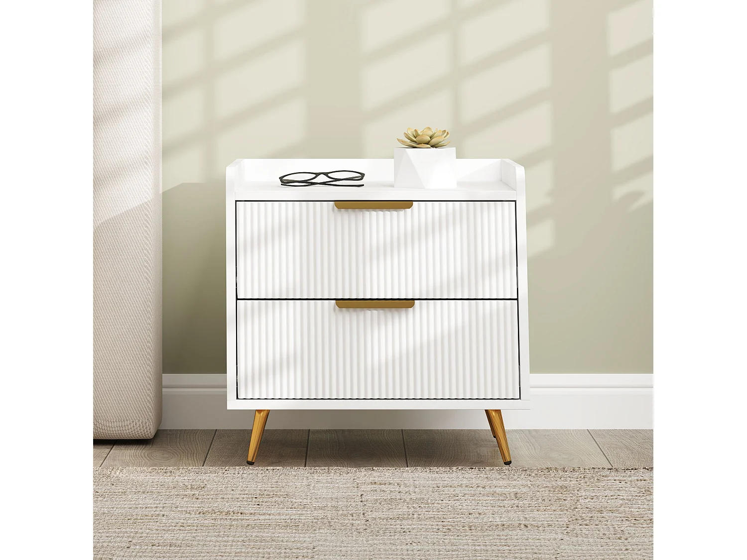 Yoha White and Gold Ribbed 2 Drawer Bedside Table
