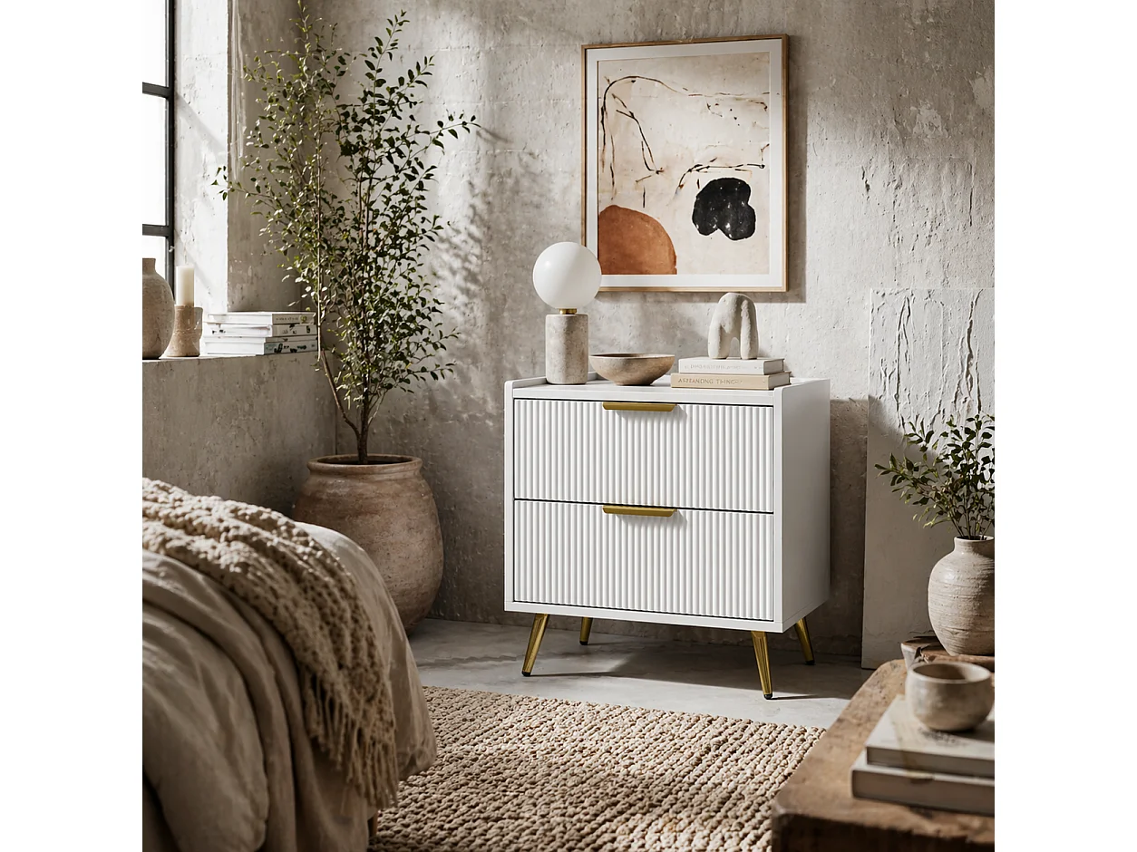 Yoha White and Gold Ribbed 2 Drawer Bedside Table