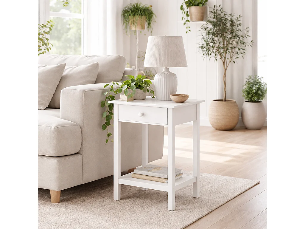 Neka White Bedside Table Drawer and Open Shelf 39x39x61cm
